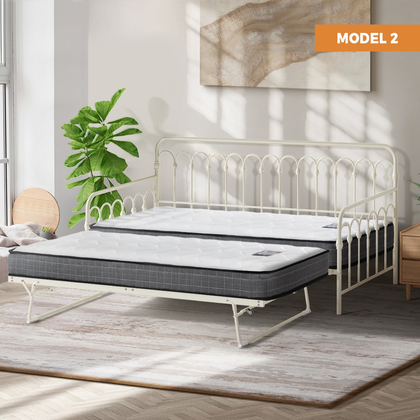 Oikiture Trundle Metal Bed Frame Daybed Single Size Base with Mattress - Sunyee