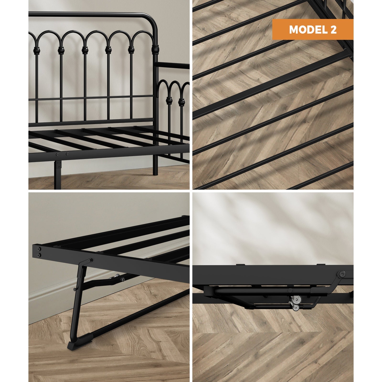 Oikiture Trundle Metal Bed Frame Daybed Single Size Base with Mattress - Sunyee