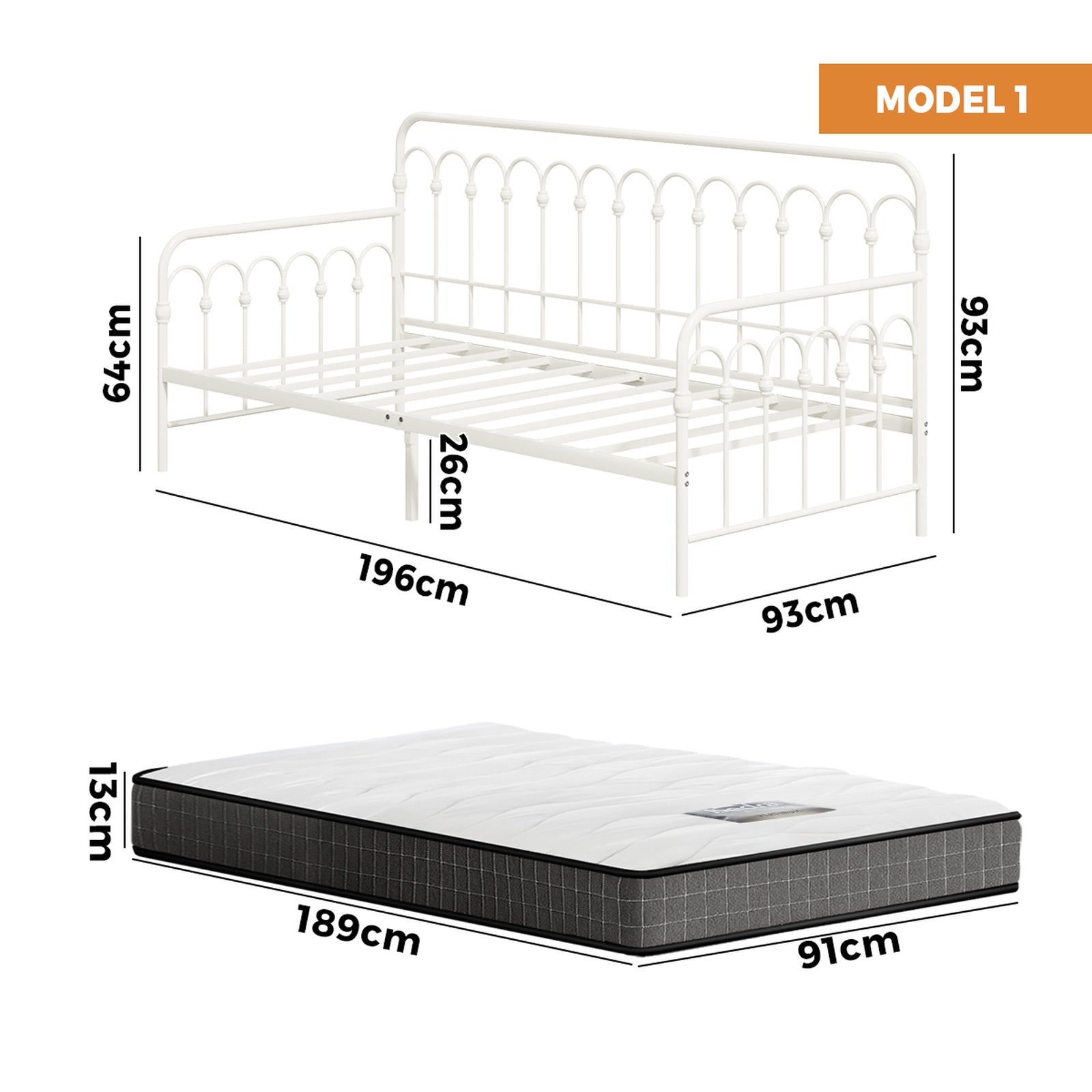 Oikiture Trundle Metal Bed Frame Daybed Single Size Base with Mattress - Sunyee