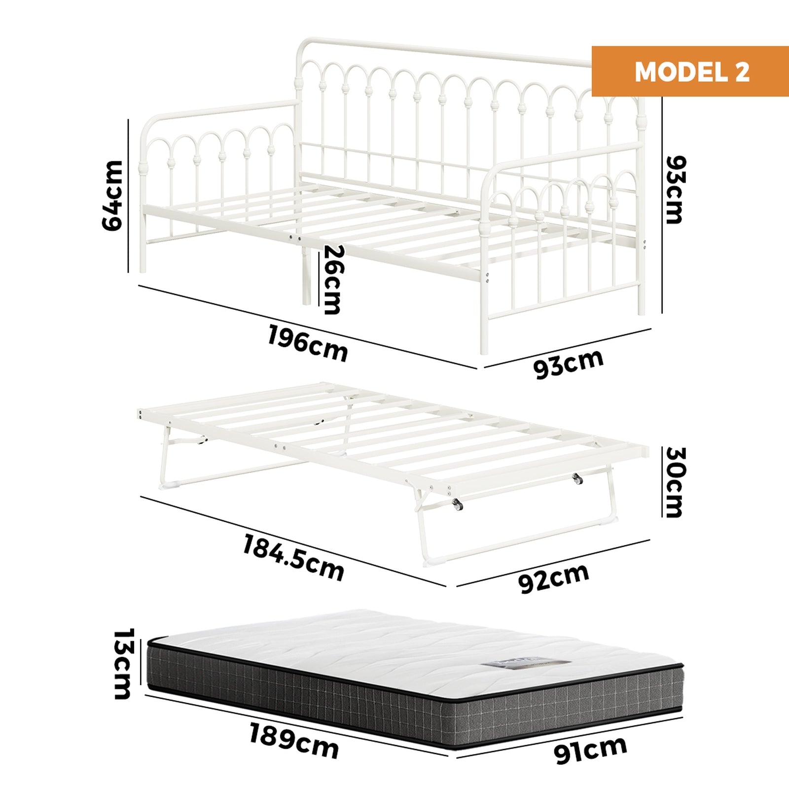 Oikiture Trundle Metal Bed Frame Daybed Single Size Base with Mattress - Sunyee