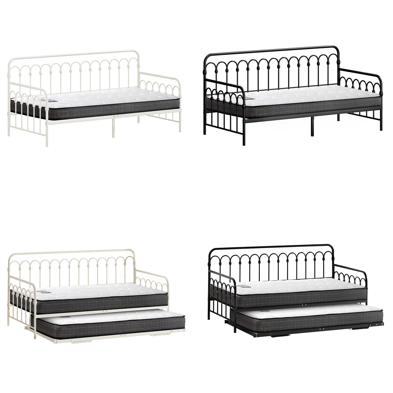 Oikiture Trundle Metal Bed Frame Daybed Single Size Base with Mattress - Sunyee