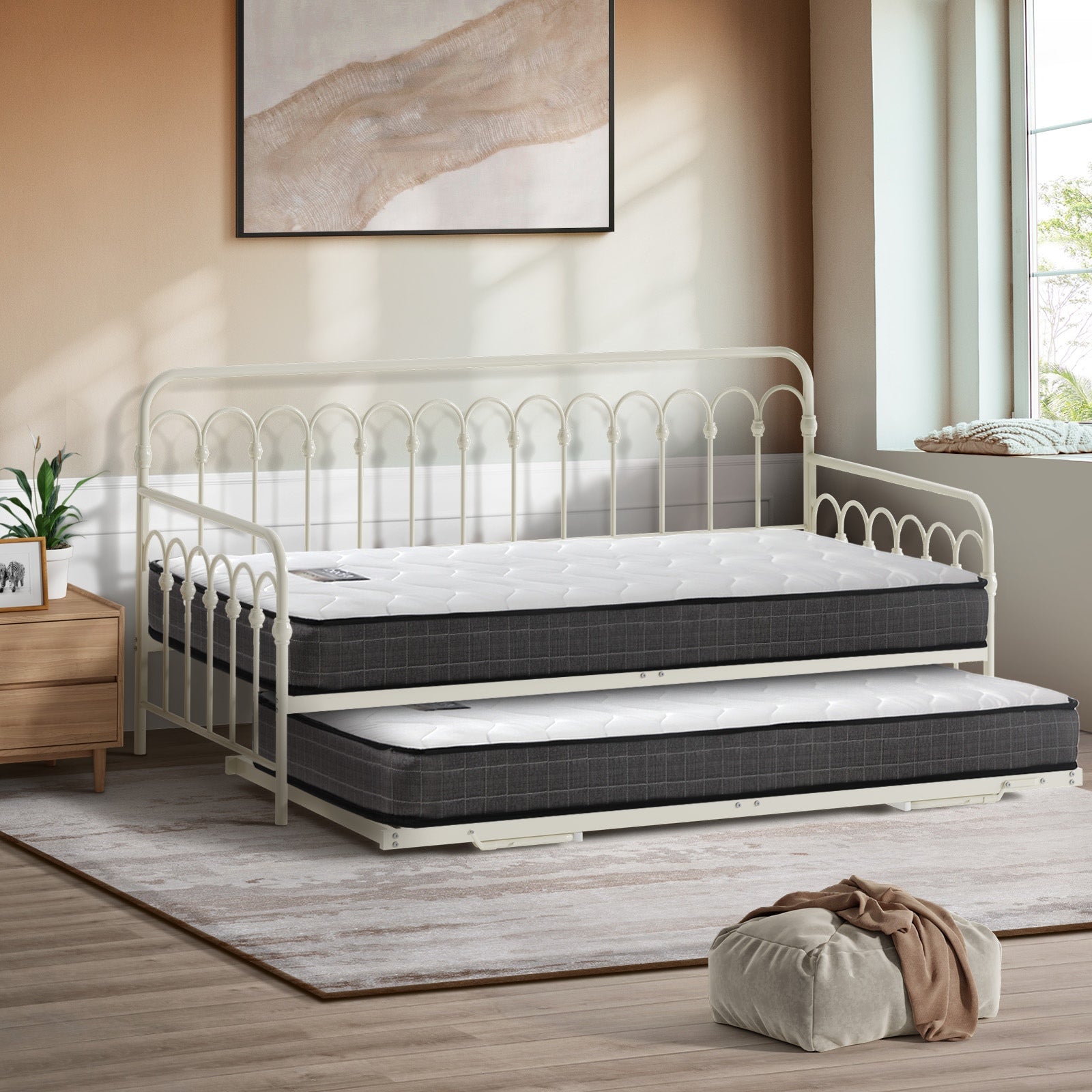 Oikiture Trundle Bed Frame Daybed Single Size Metal Base Beige with Mattress x2 - Sunyee