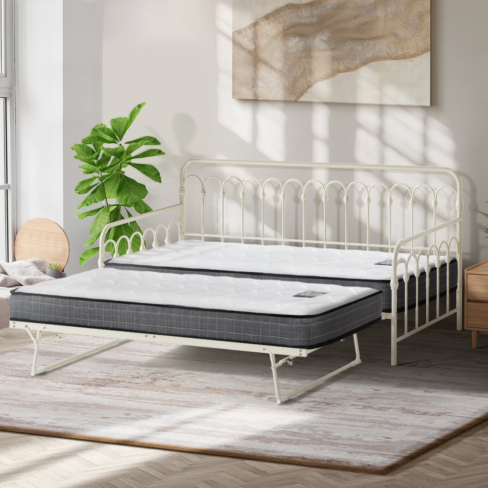 Oikiture Trundle Bed Frame Daybed Single Size Metal Base Beige with Mattress x2 - Sunyee