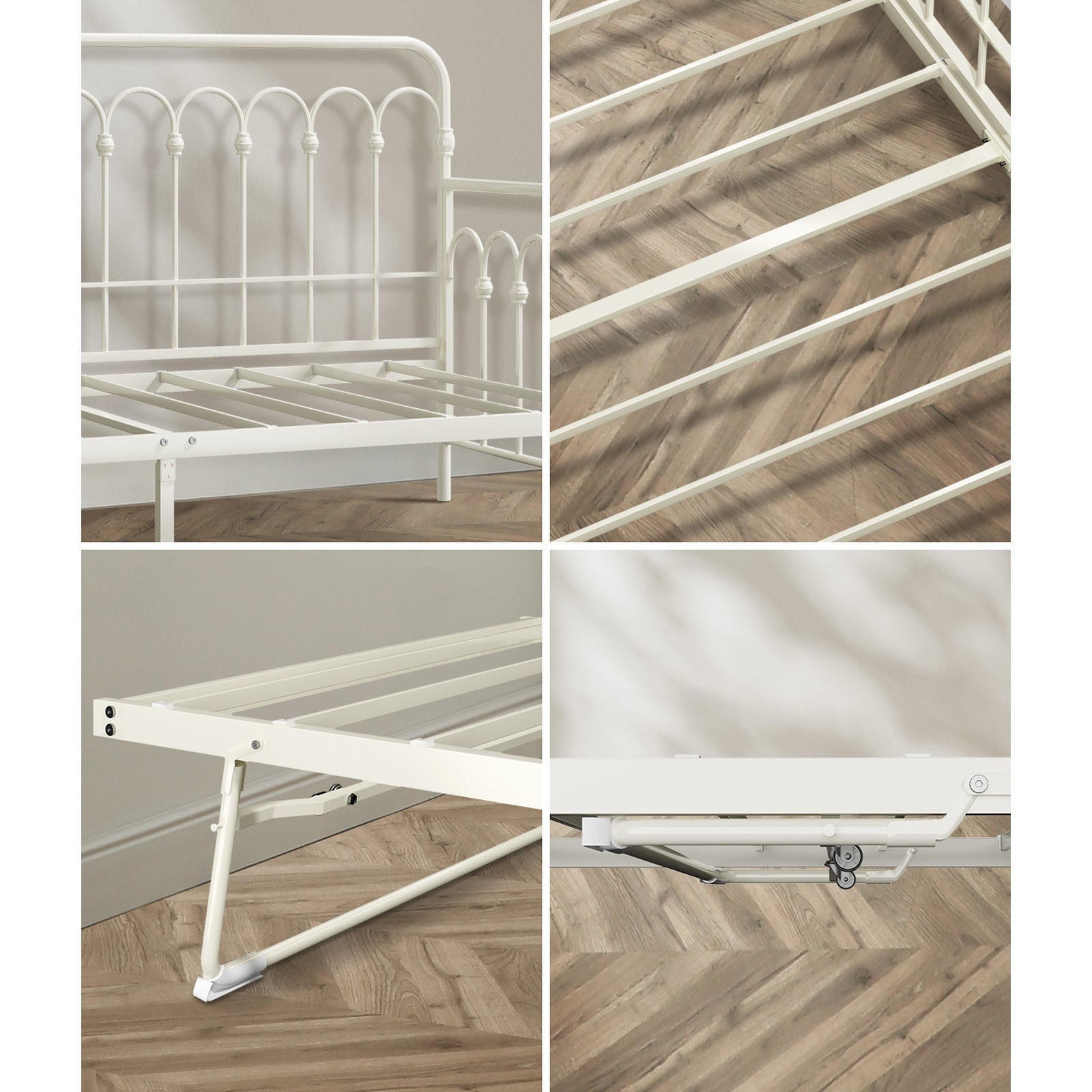 Oikiture Trundle Bed Frame Daybed Single Size Metal Base Beige with Mattress x2 - Sunyee