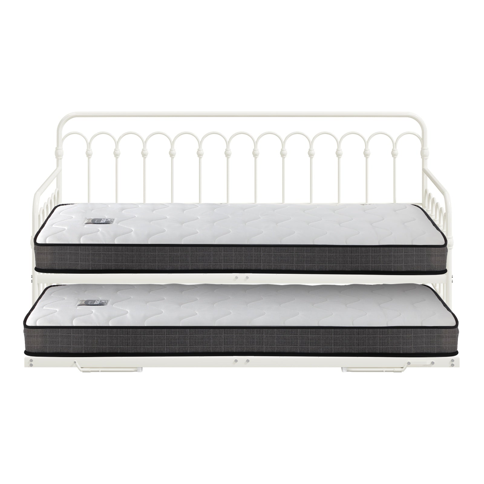 Oikiture Trundle Bed Frame Daybed Single Size Metal Base Beige with Mattress x2 - Sunyee