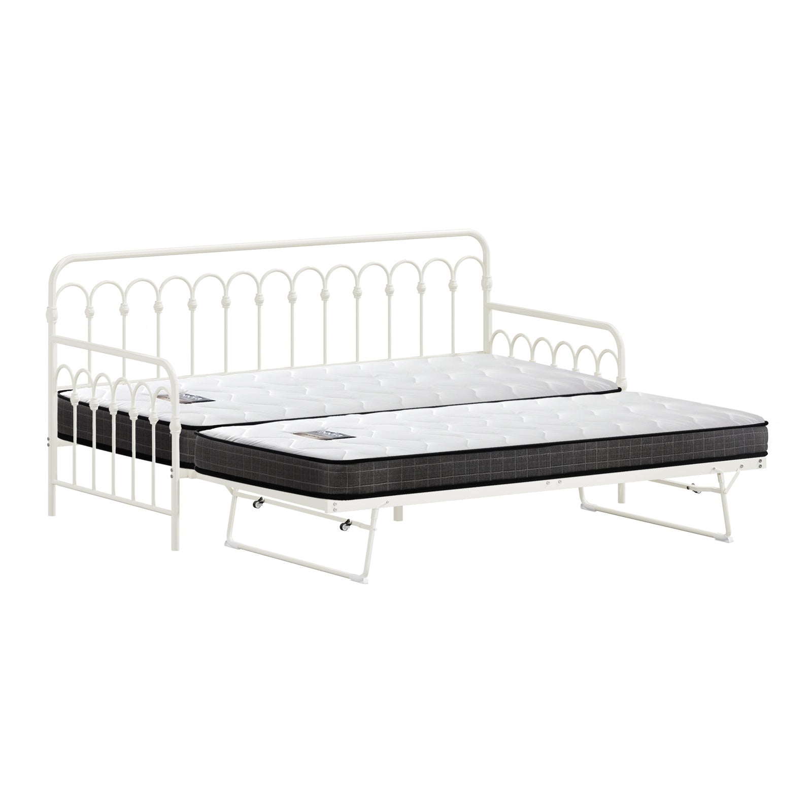 Oikiture Trundle Bed Frame Daybed Single Size Metal Base Beige with Mattress x2 - Sunyee
