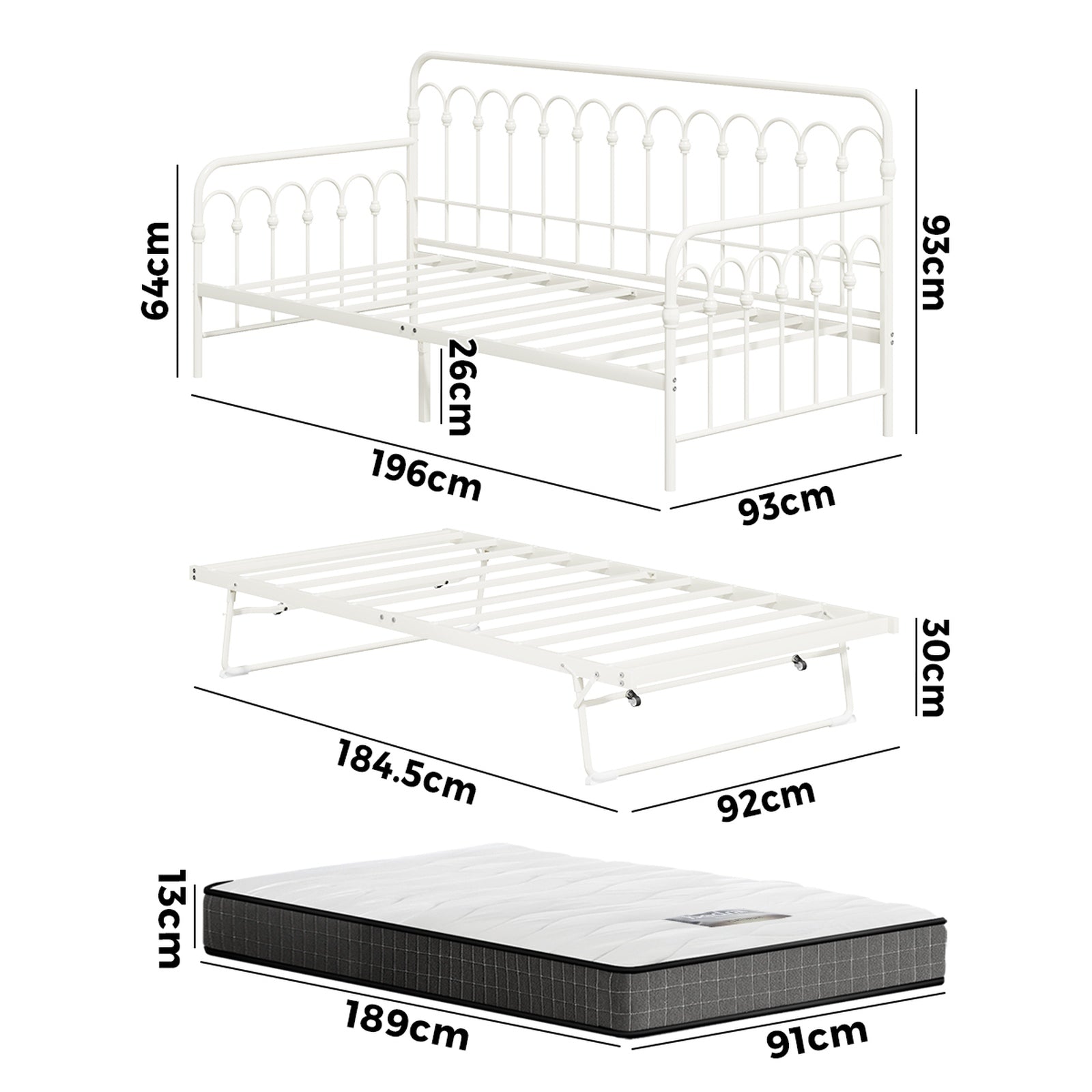 Oikiture Trundle Bed Frame Daybed Single Size Metal Base Beige with Mattress x2 - Sunyee
