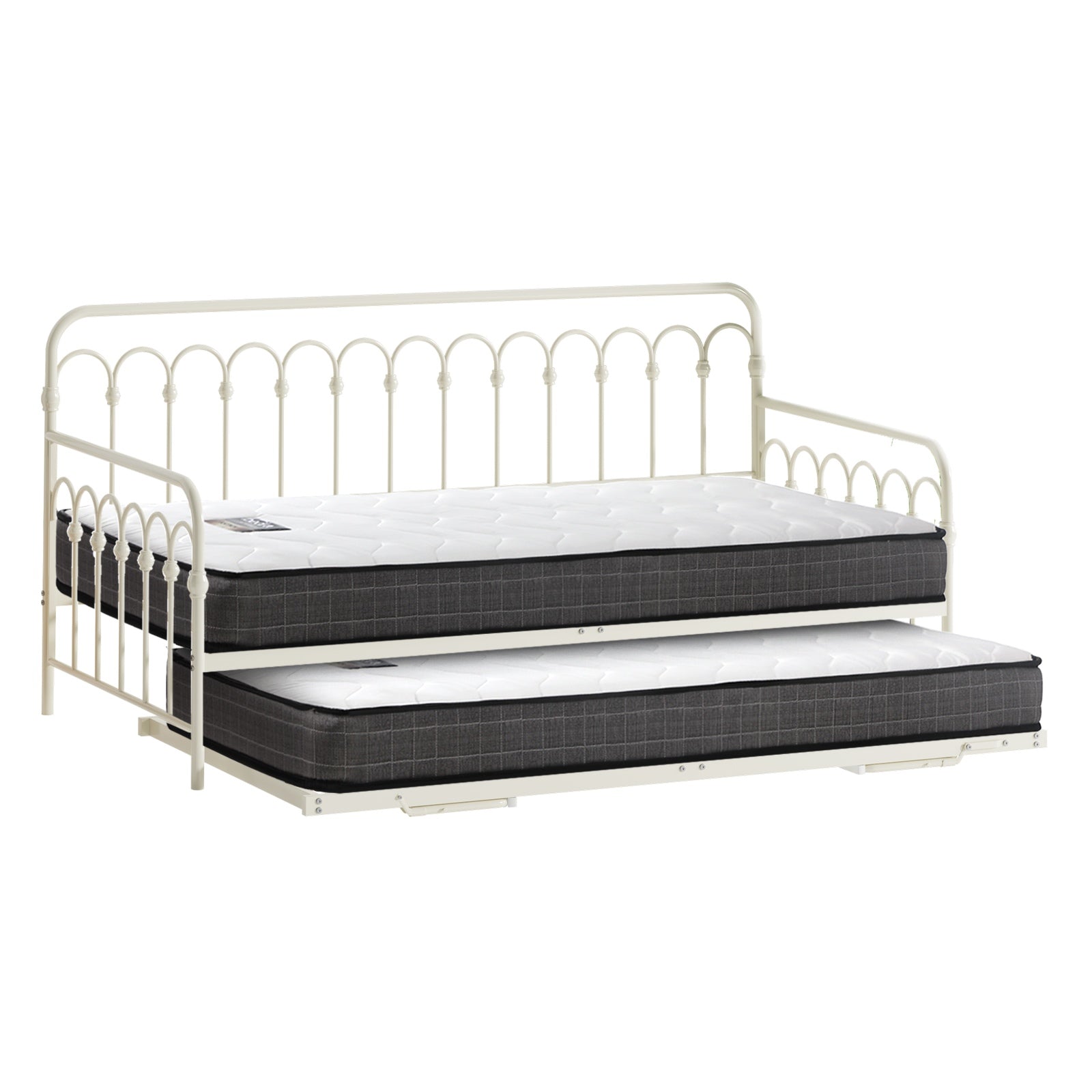 Oikiture Trundle Bed Frame Daybed Single Size Metal Base Beige with Mattress x2 - Sunyee