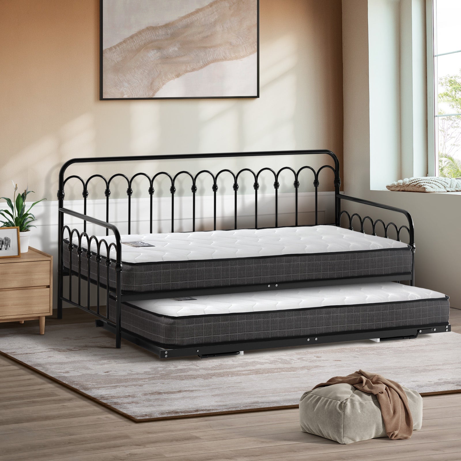 Oikiture Trundle Bed Frame Daybed Single Size Metal Base Black with Mattress x2 - Sunyee