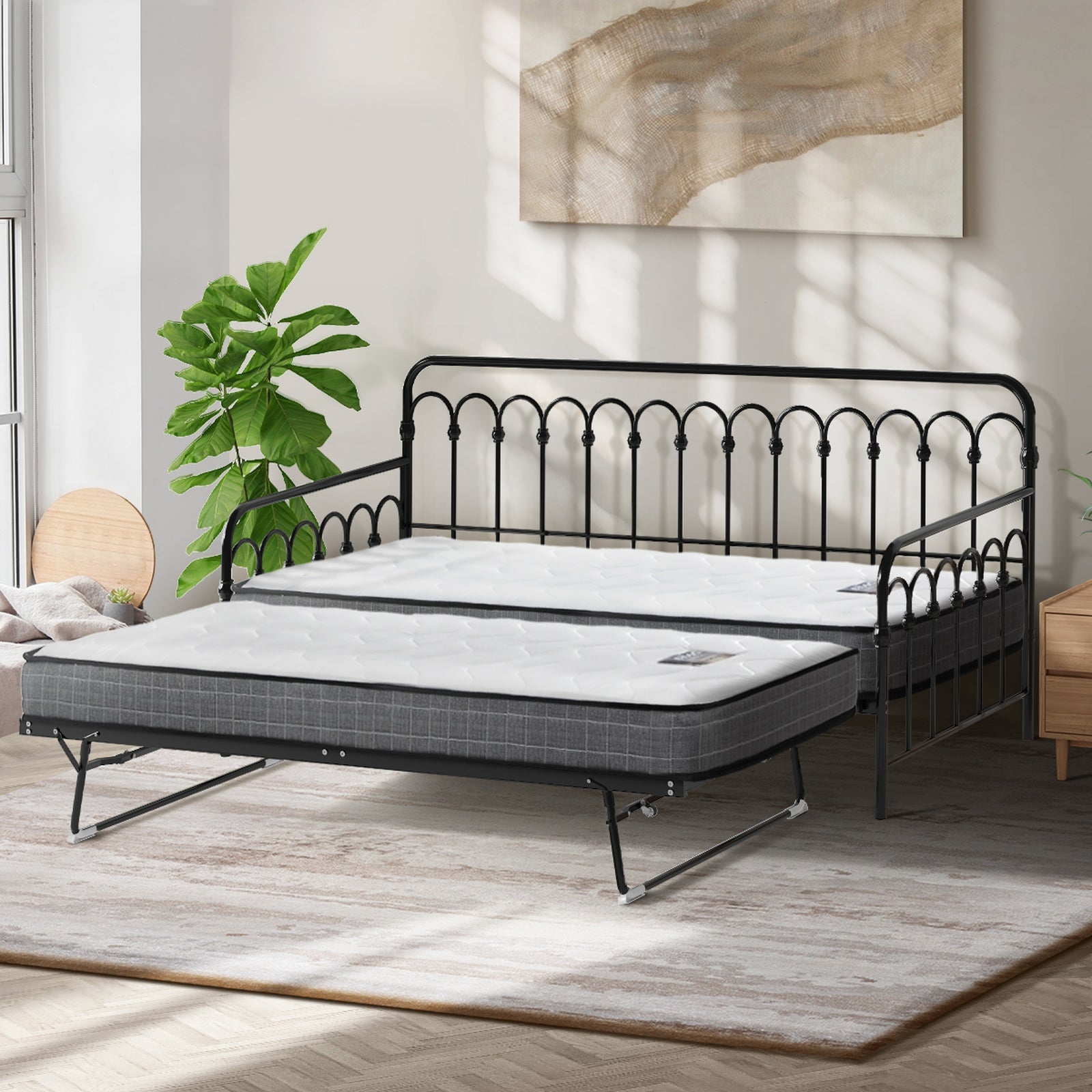 Oikiture Trundle Bed Frame Daybed Single Size Metal Base Black with Mattress x2 - Sunyee