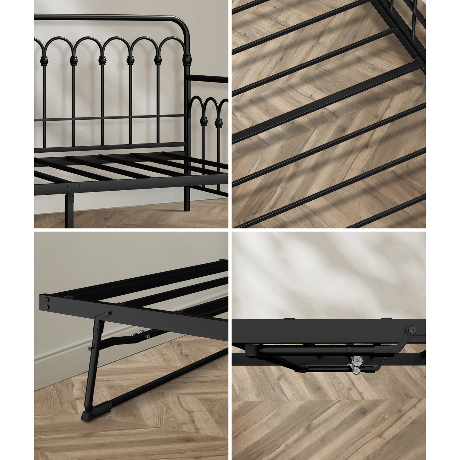 Oikiture Trundle Bed Frame Daybed Single Size Metal Base Black with Mattress x2 - Sunyee
