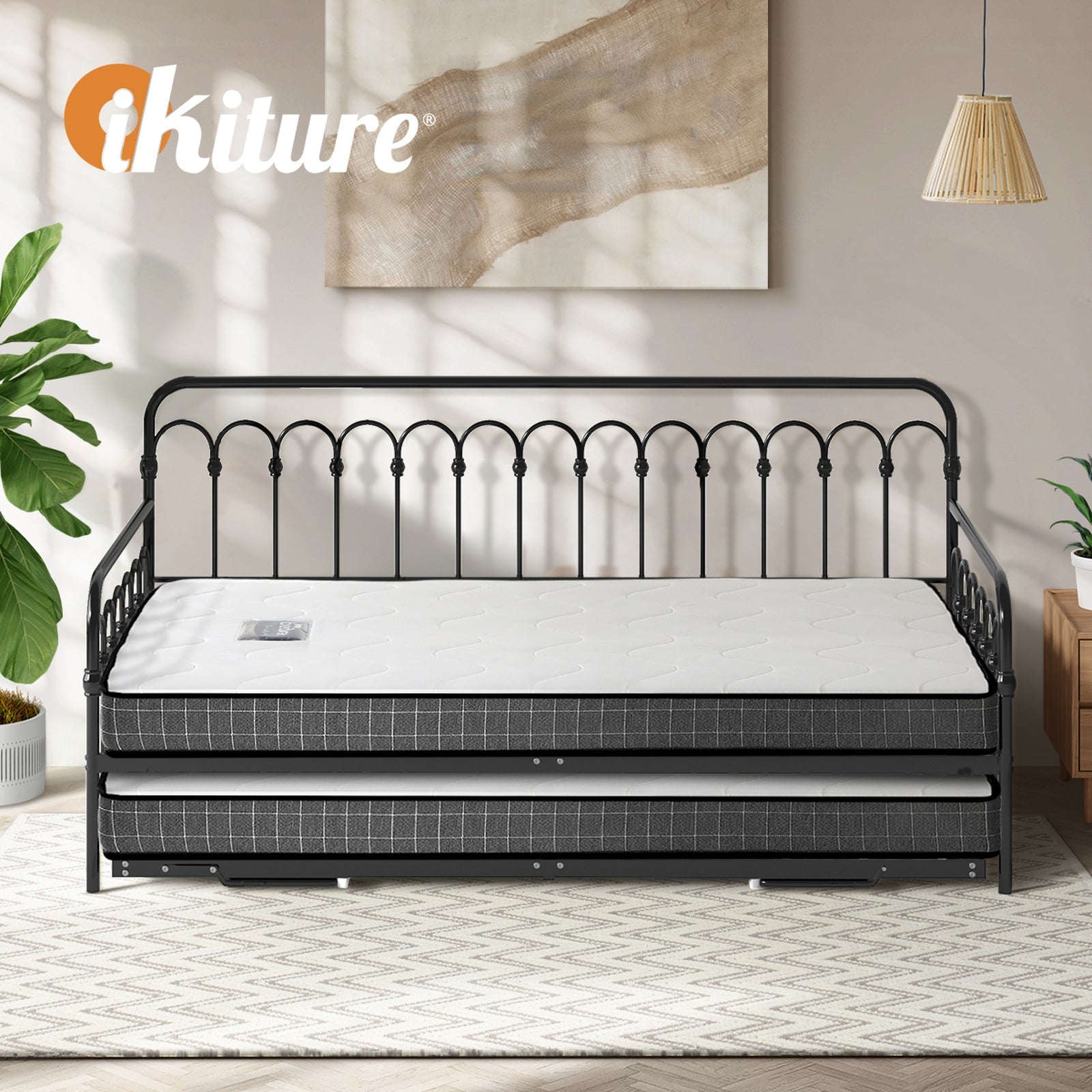 Oikiture Trundle Bed Frame Daybed Single Size Metal Base Black with Mattress x2 - Sunyee