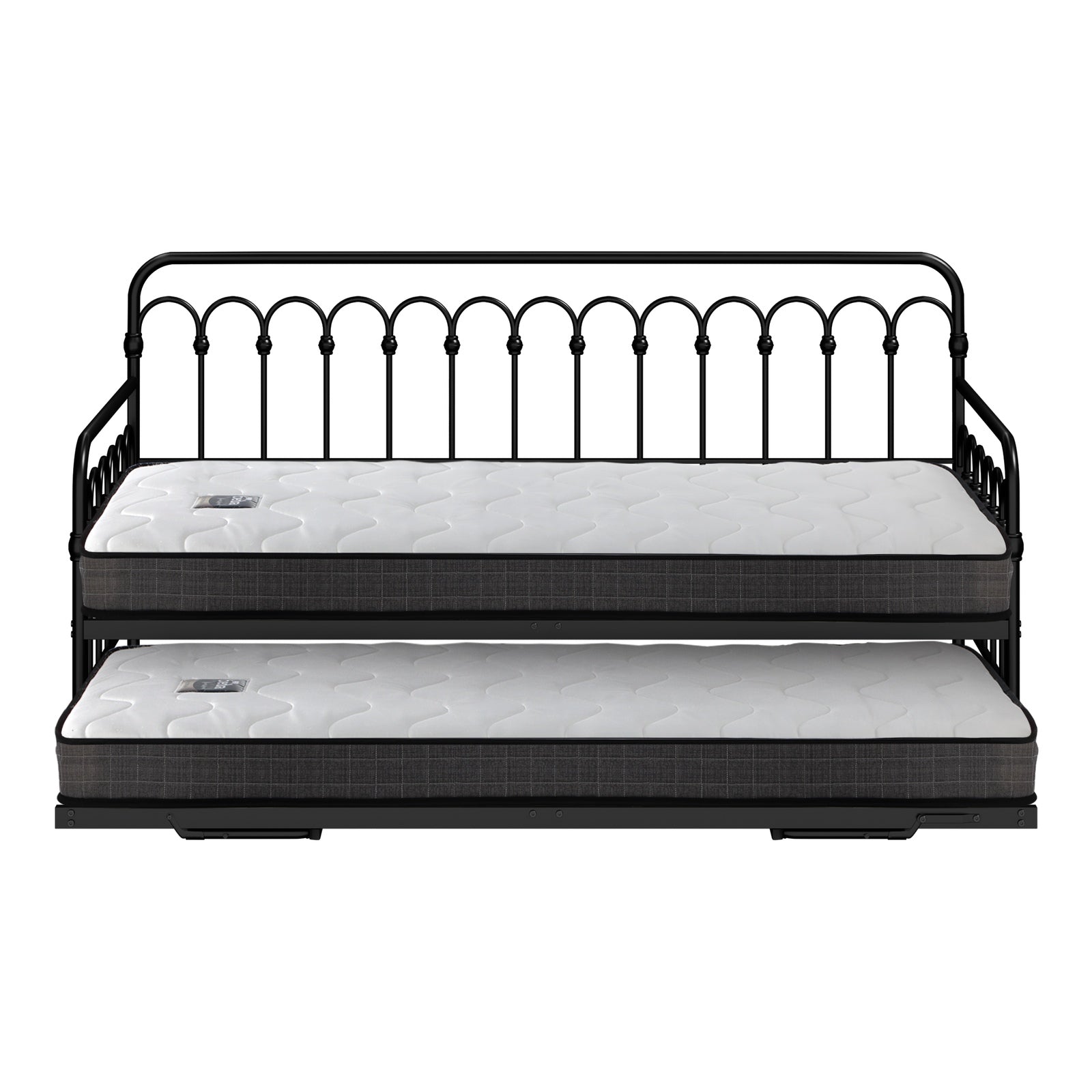 Oikiture Trundle Bed Frame Daybed Single Size Metal Base Black with Mattress x2 - Sunyee