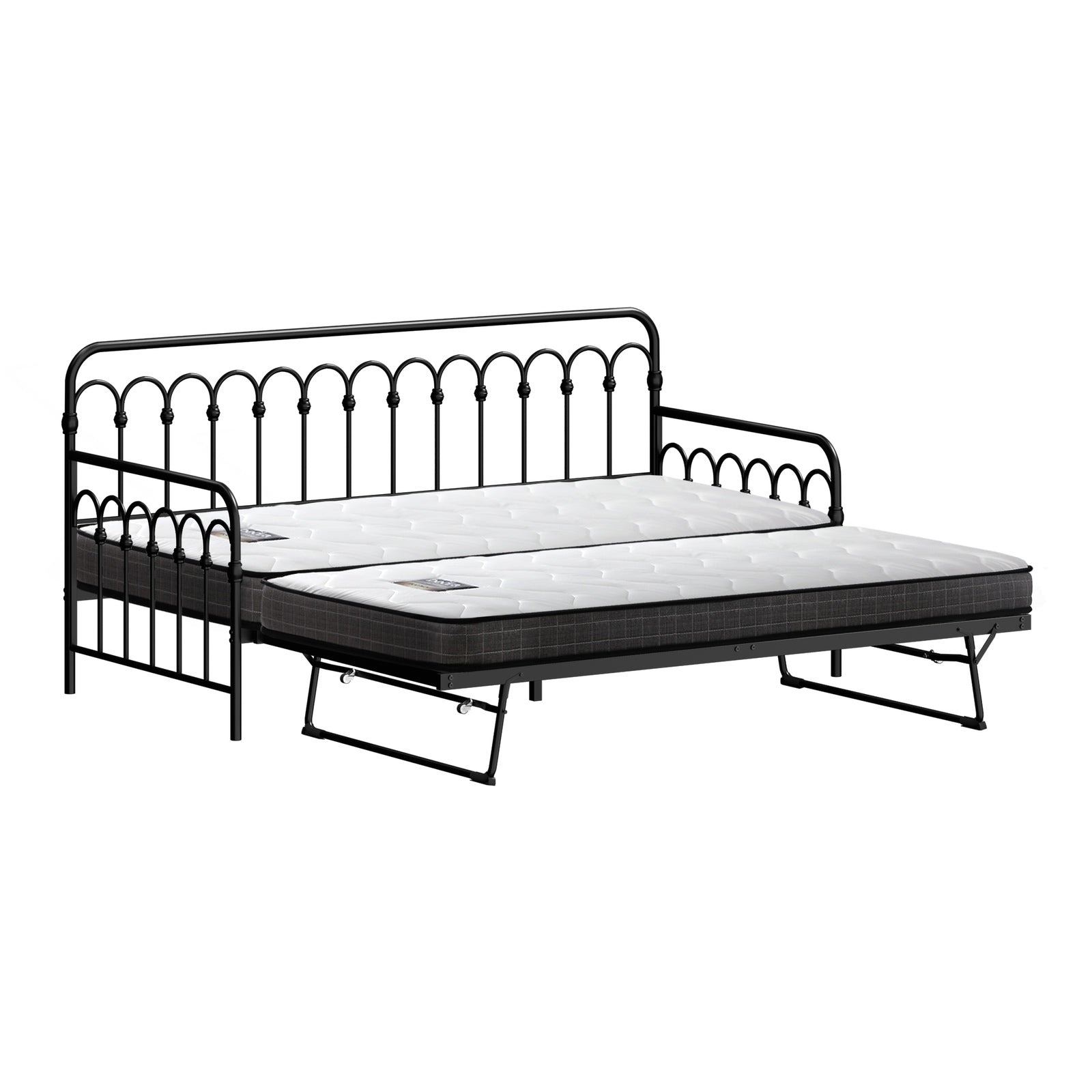 Oikiture Trundle Bed Frame Daybed Single Size Metal Base Black with Mattress x2 - Sunyee