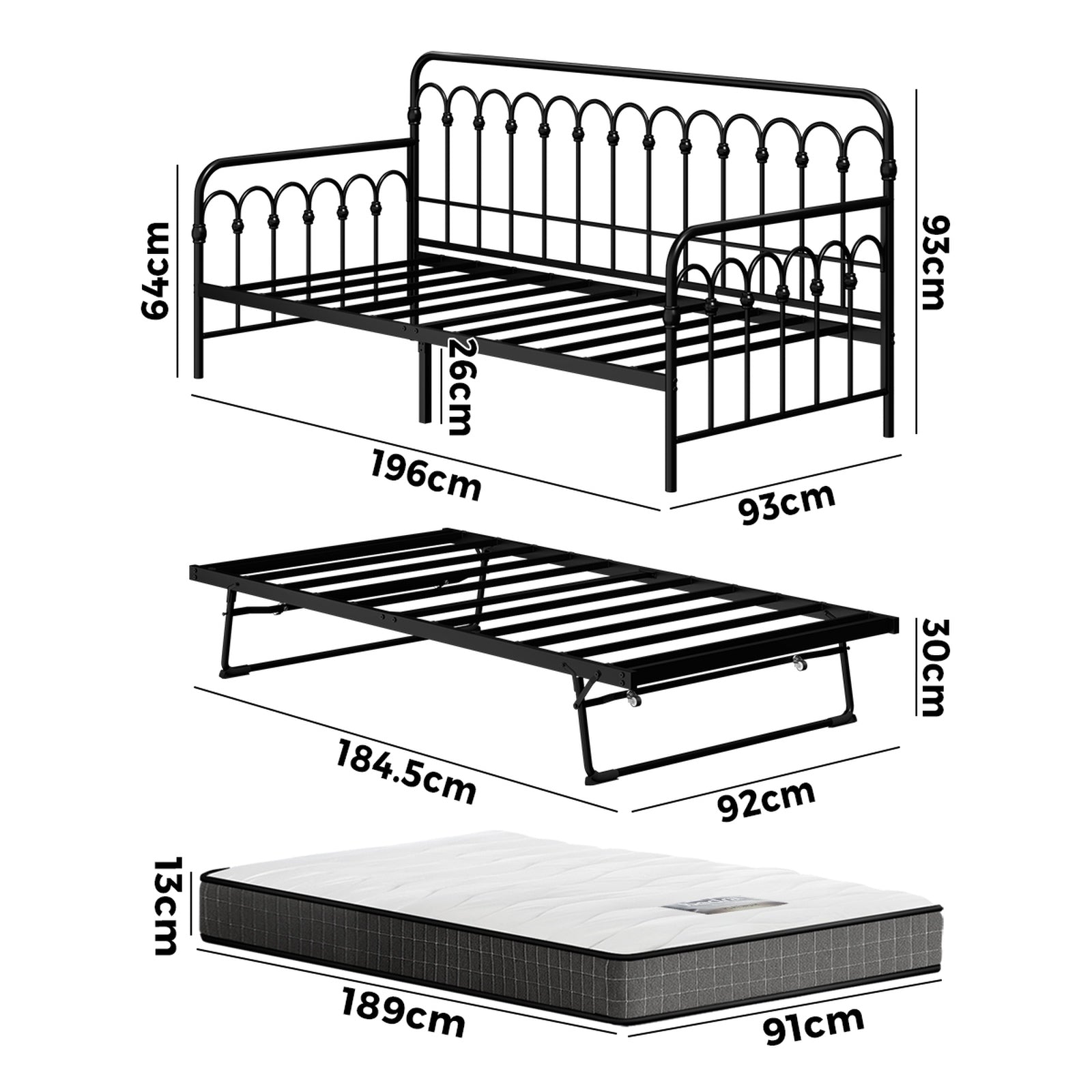 Oikiture Trundle Bed Frame Daybed Single Size Metal Base Black with Mattress x2 - Sunyee