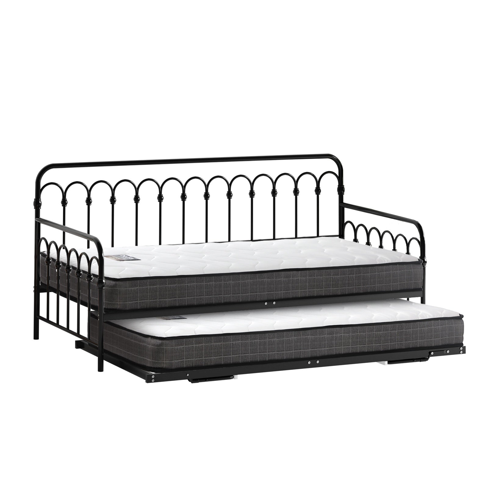 Oikiture Trundle Bed Frame Daybed Single Size Metal Base Black with Mattress x2 - Sunyee