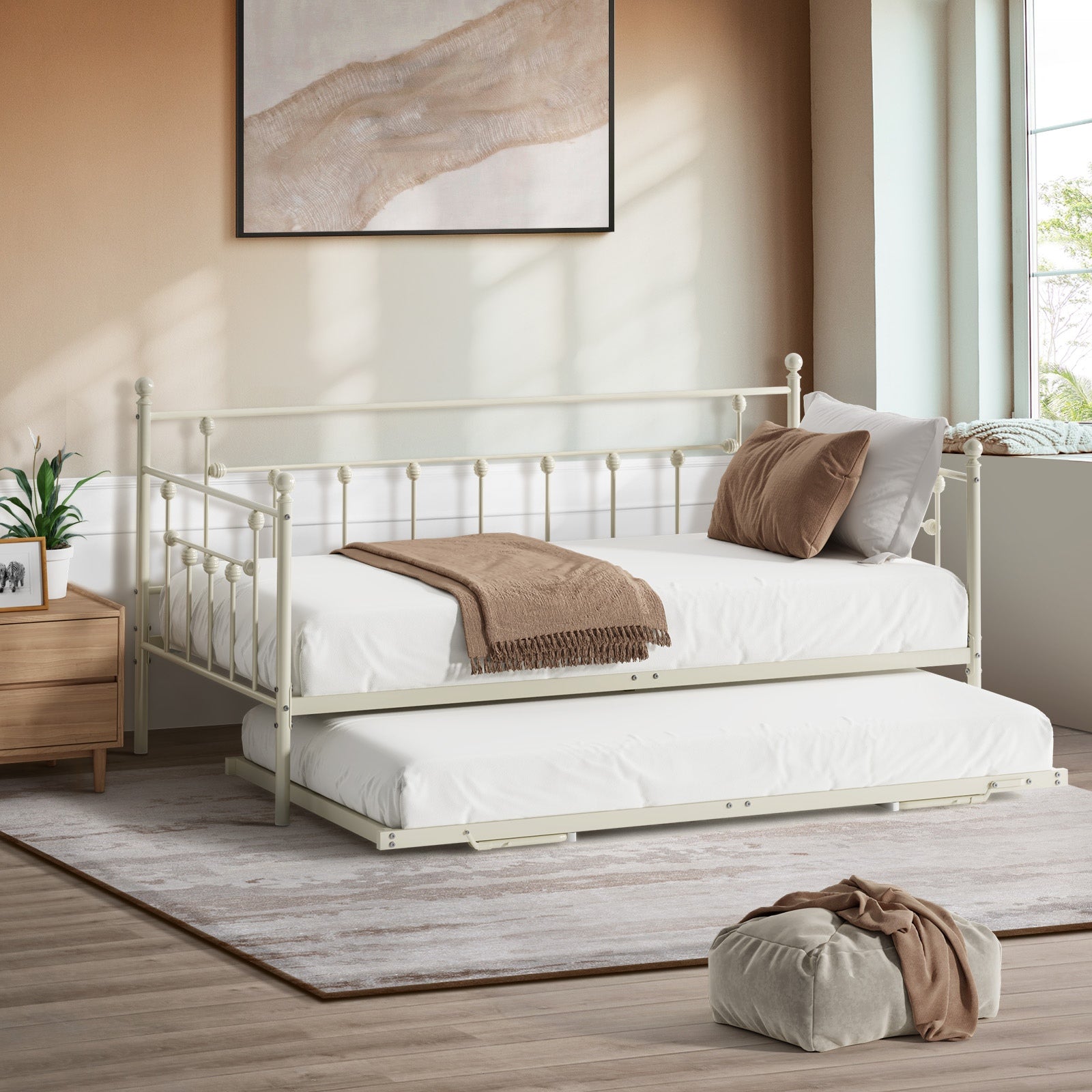 Oikiture Trundle Bed Frame Daybed Single Size Base Metal 2x Single Beds Beige