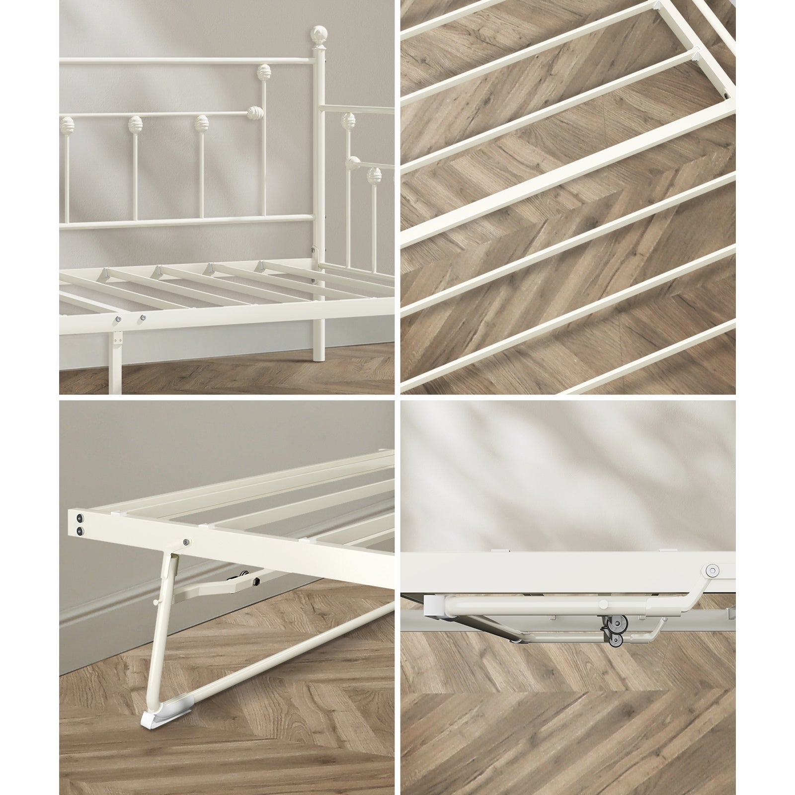 Oikiture Trundle Bed Frame Daybed Single Size Base Metal 2x Single Beds Beige