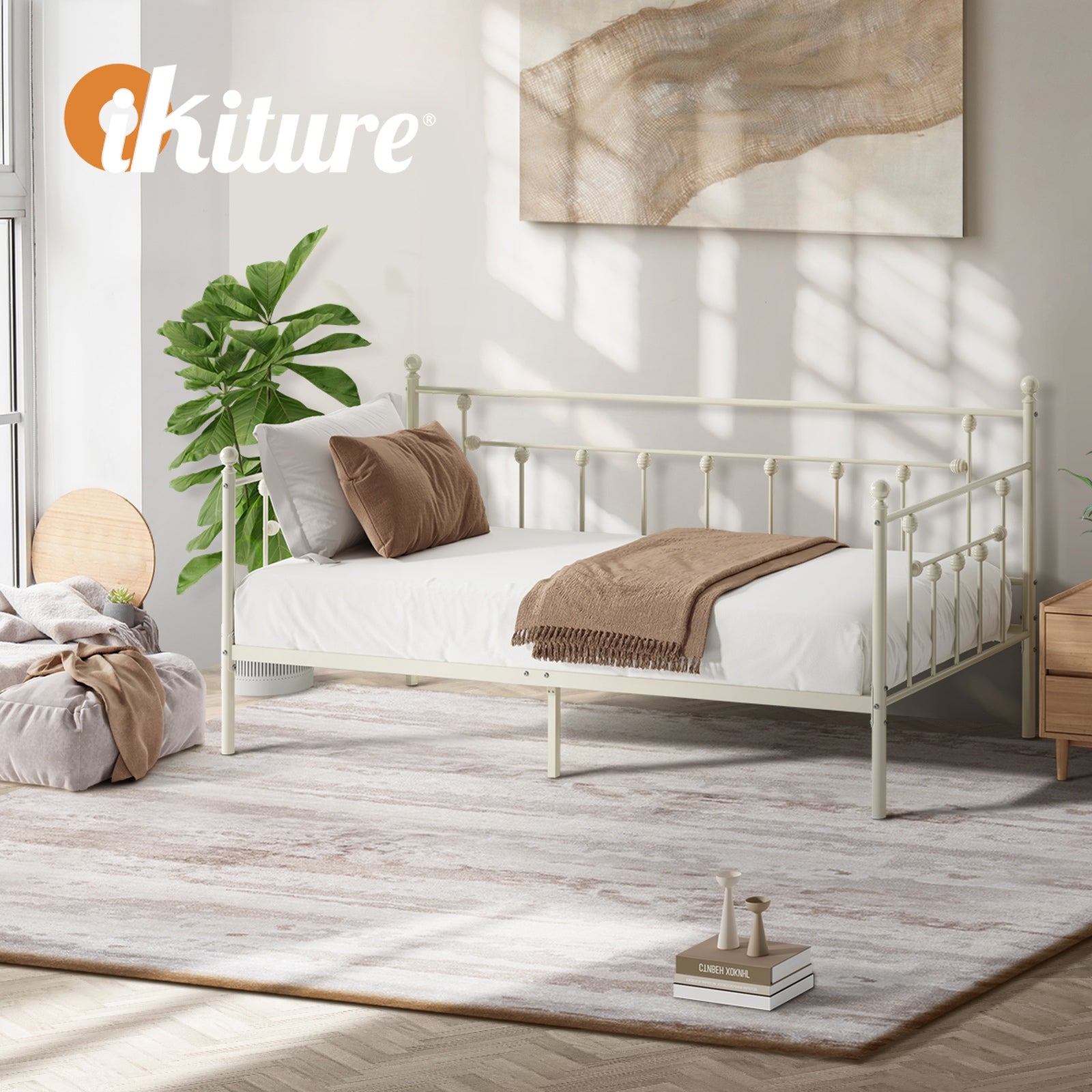 Oikiture Metal Daybed Frame Single Size Steel Slat Support Sofa Bed Beige
