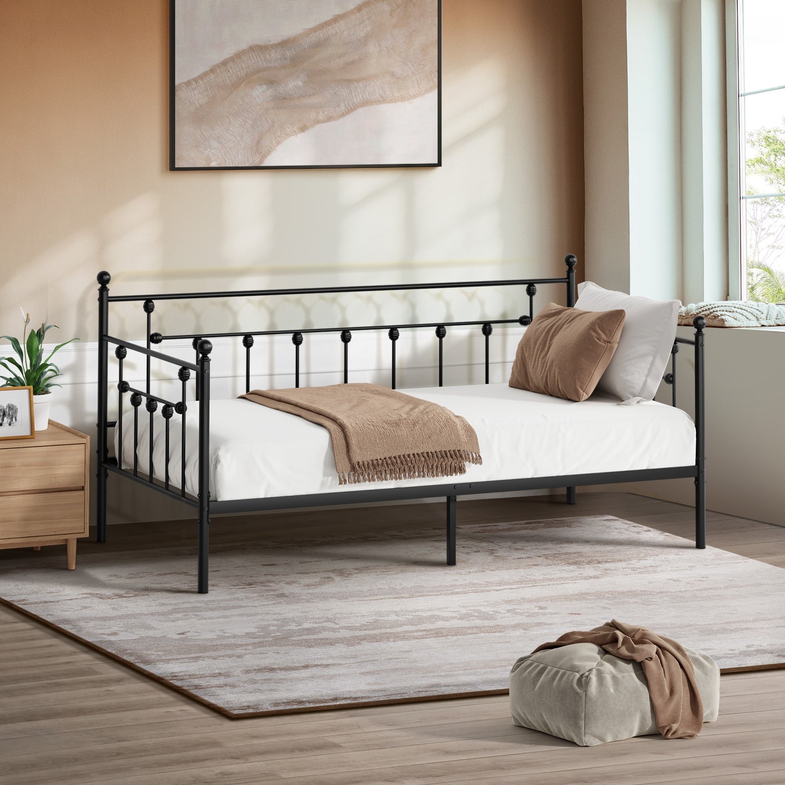 Oikiture Metal Daybed Frame Single Size Steel Slat Support Sofa Bed