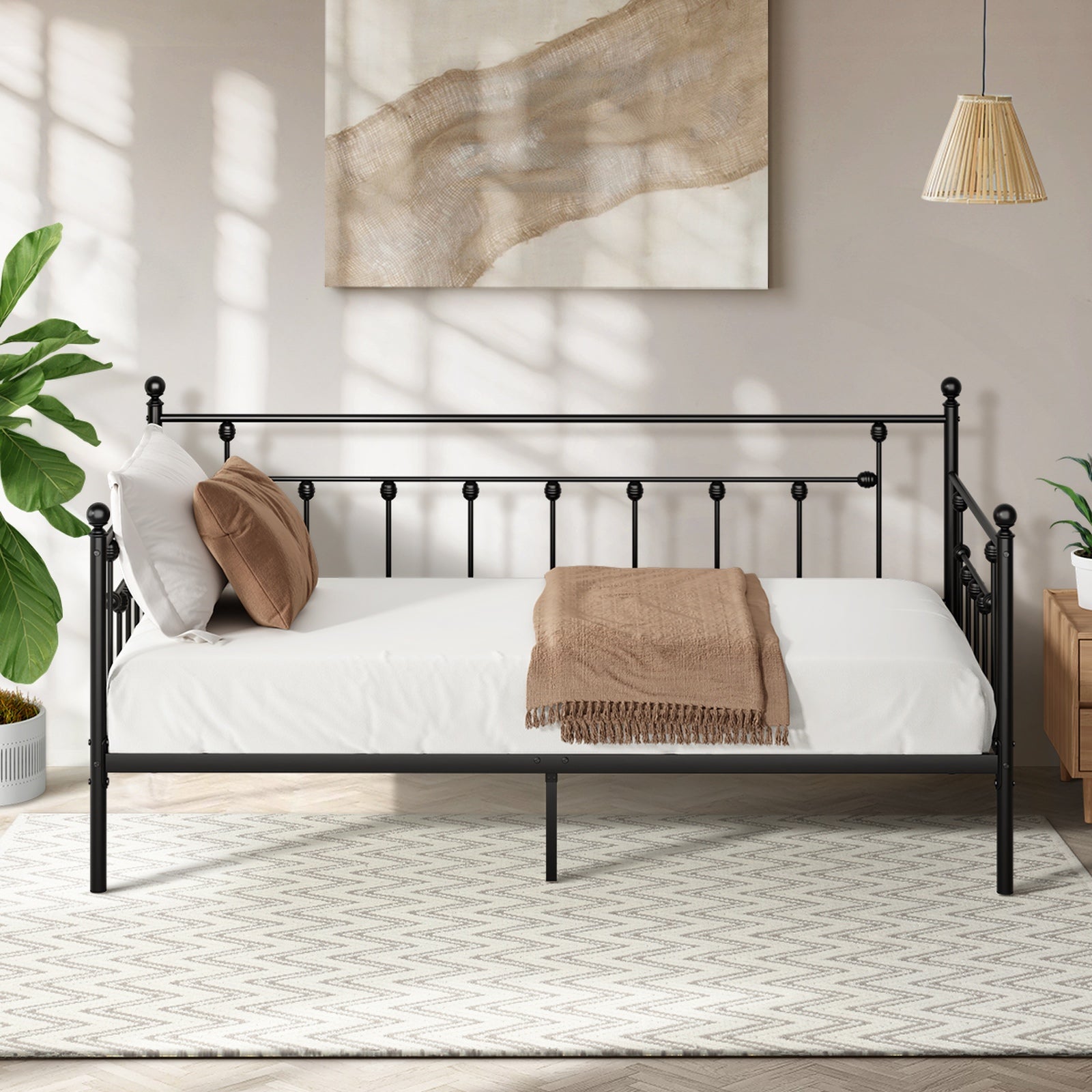 Oikiture Metal Daybed Frame Single Size Steel Slat Support Sofa Bed Black