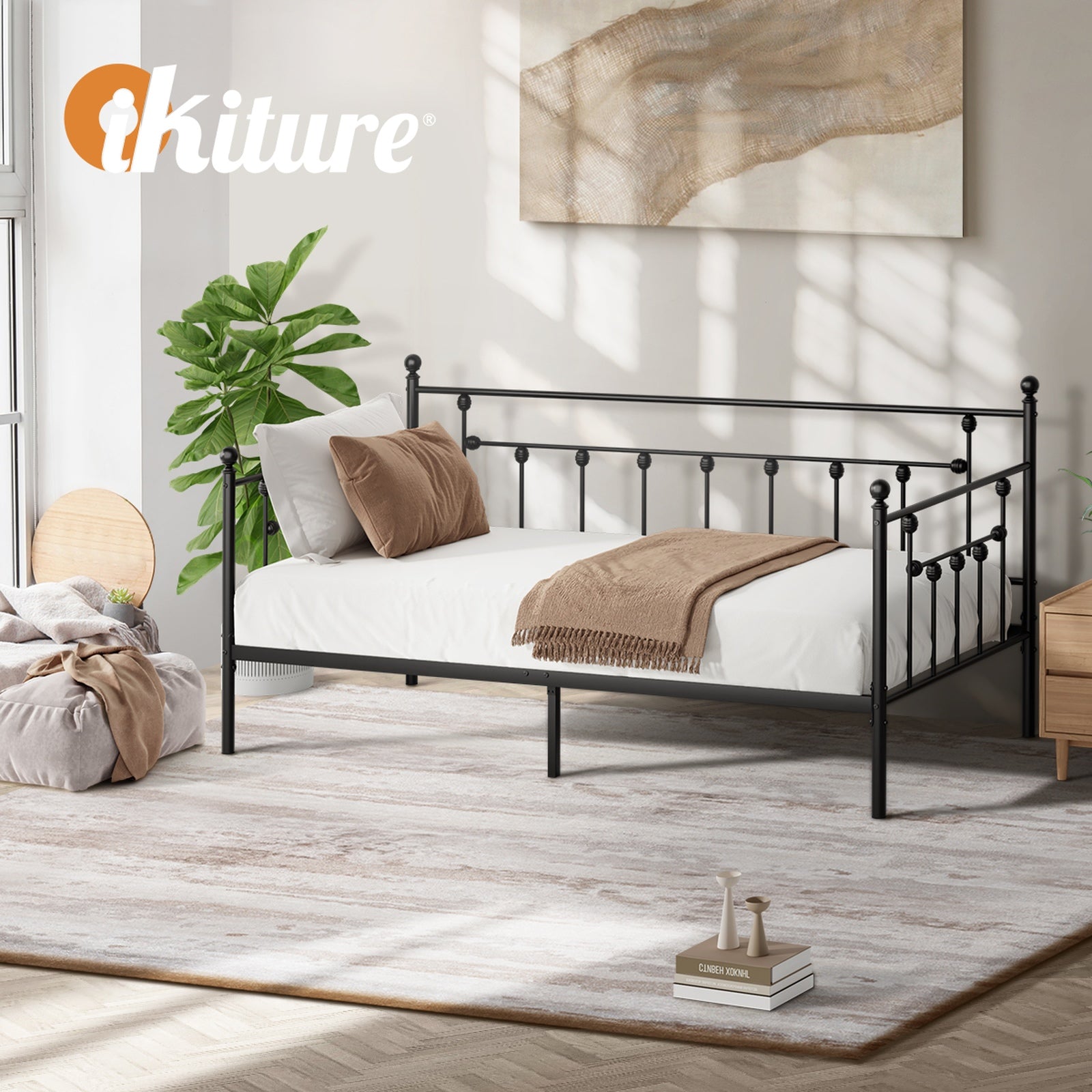Oikiture Metal Daybed Frame Single Size Steel Slat Support Sofa Bed Black