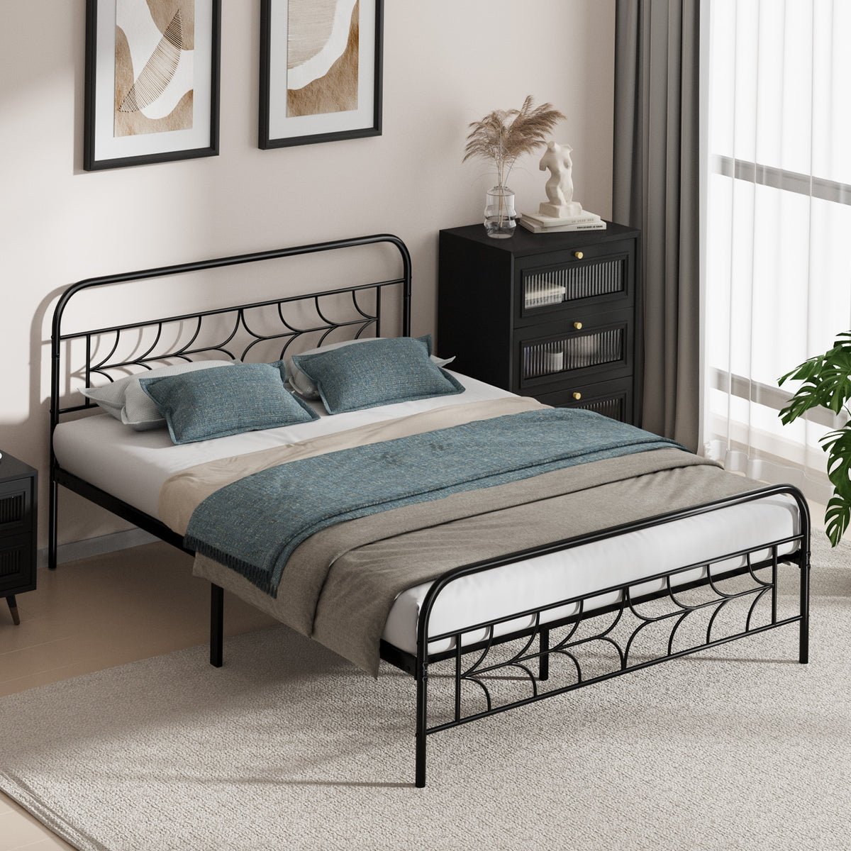 Oikiture Queen Bed Frame Metal Platform Bed Base with Sparkling Star Headboard