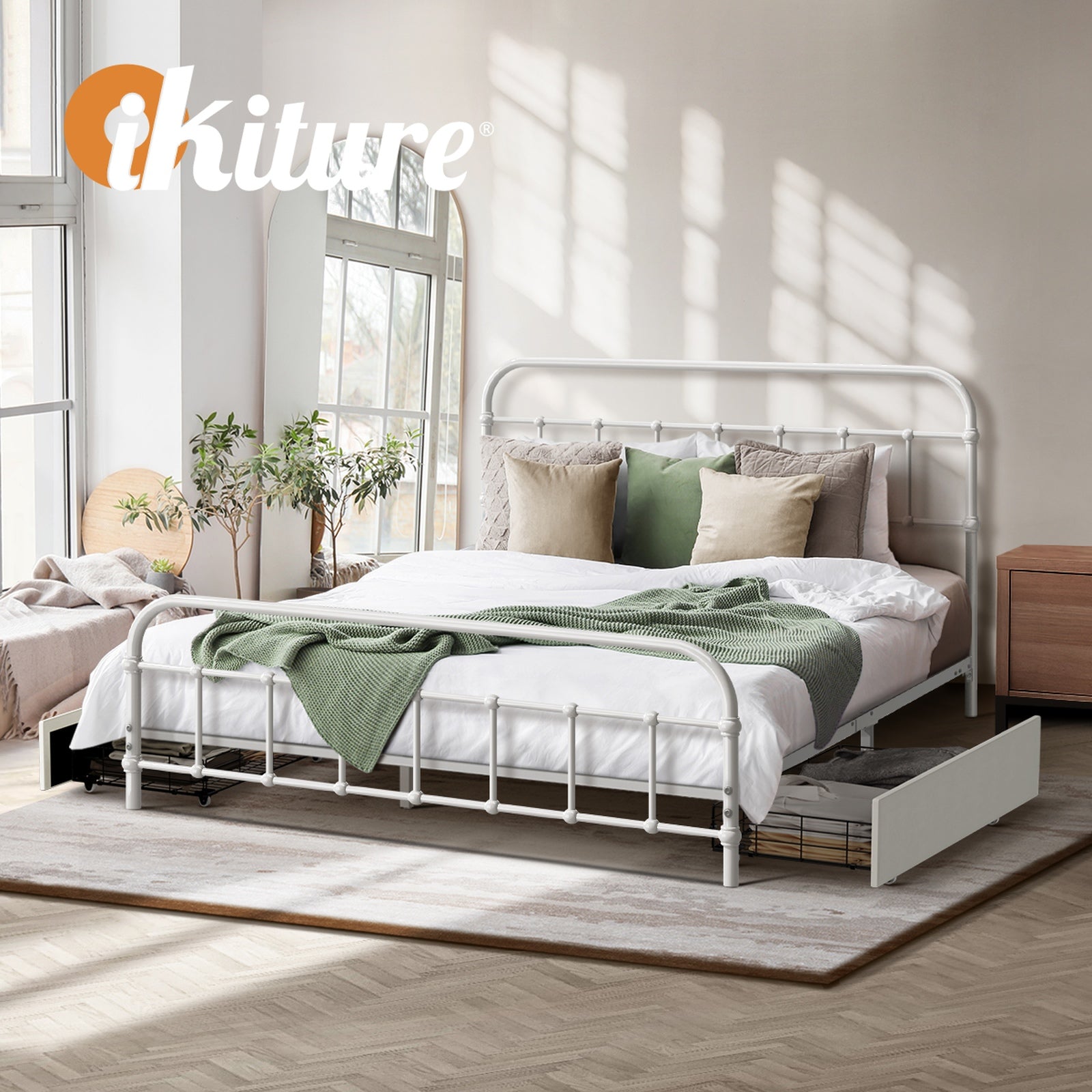Oikiture Metal Bed Frame Double Size Bed Base with 2 Drawers White - Sunyee