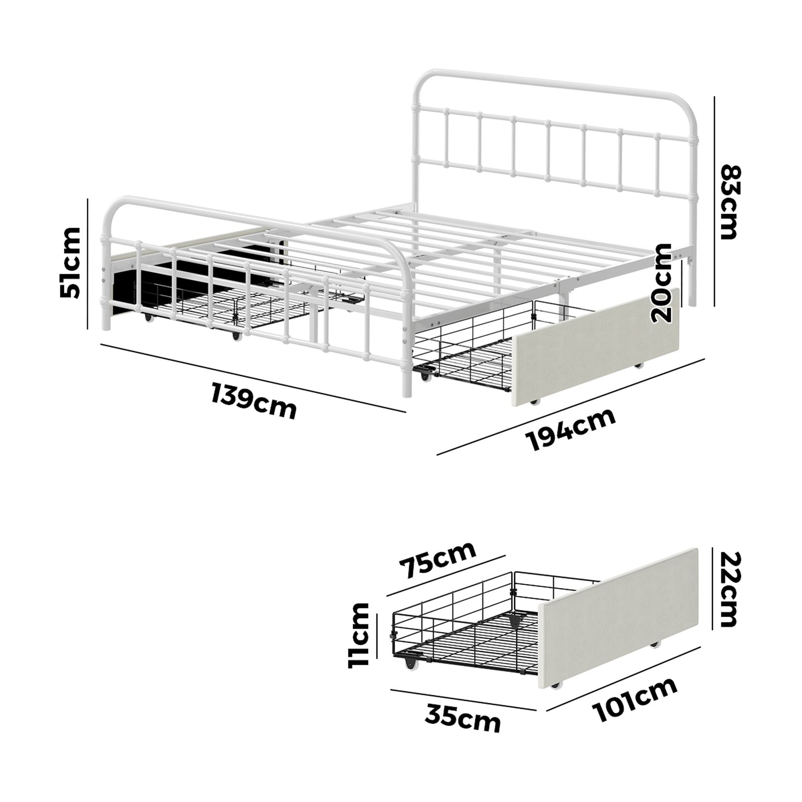 Oikiture Metal Bed Frame Double Size Bed Base with 2 Drawers White - Sunyee