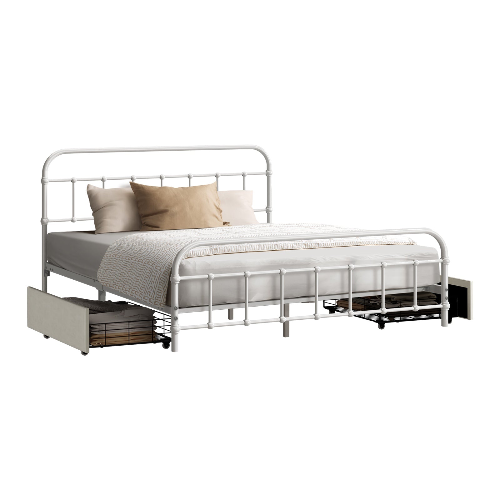 Oikiture Metal Bed Frame Double Size Bed Base with 2 Drawers White - Sunyee