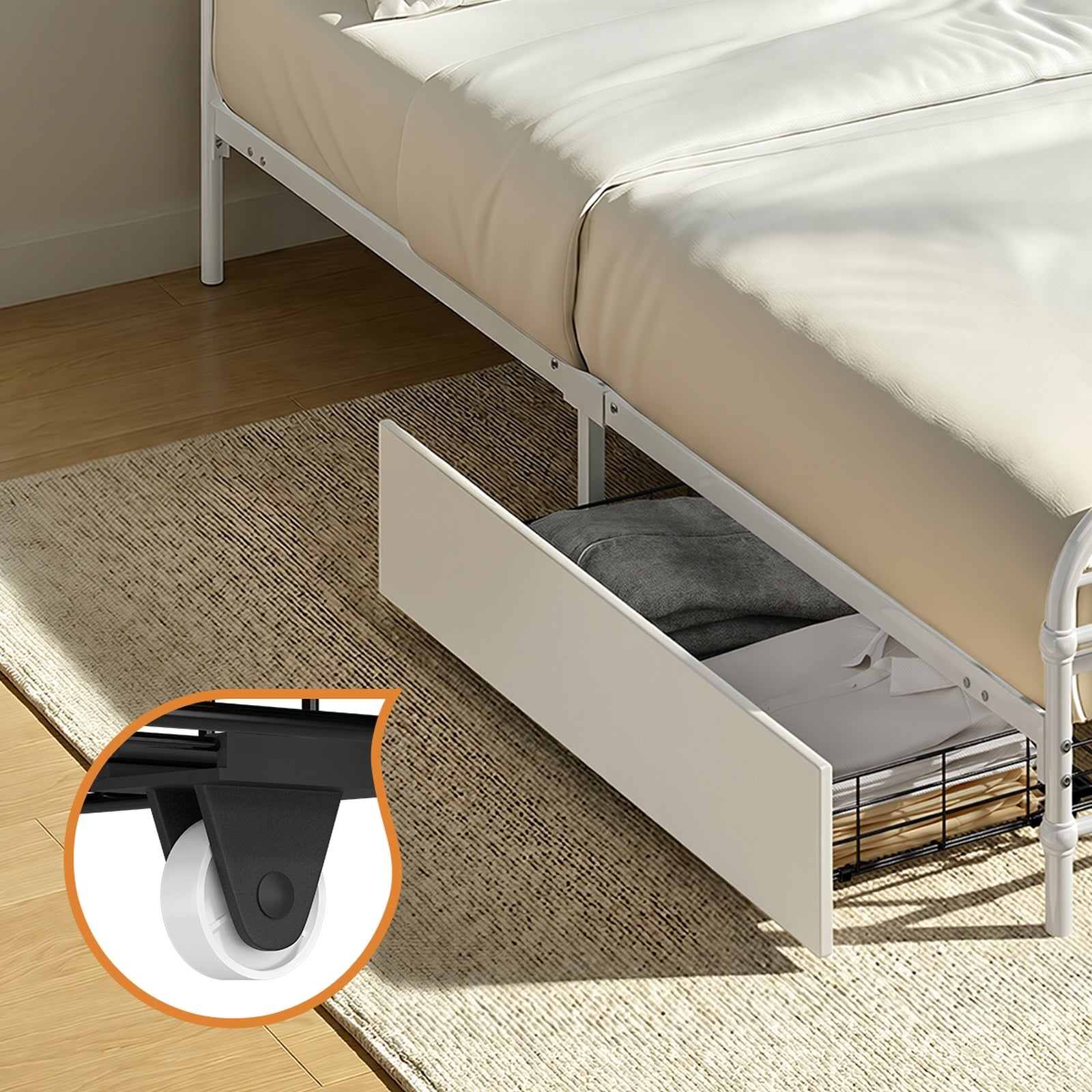 Oikiture Metal Bed Frame King Single Size Bed Base with 2 Drawers White - Sunyee
