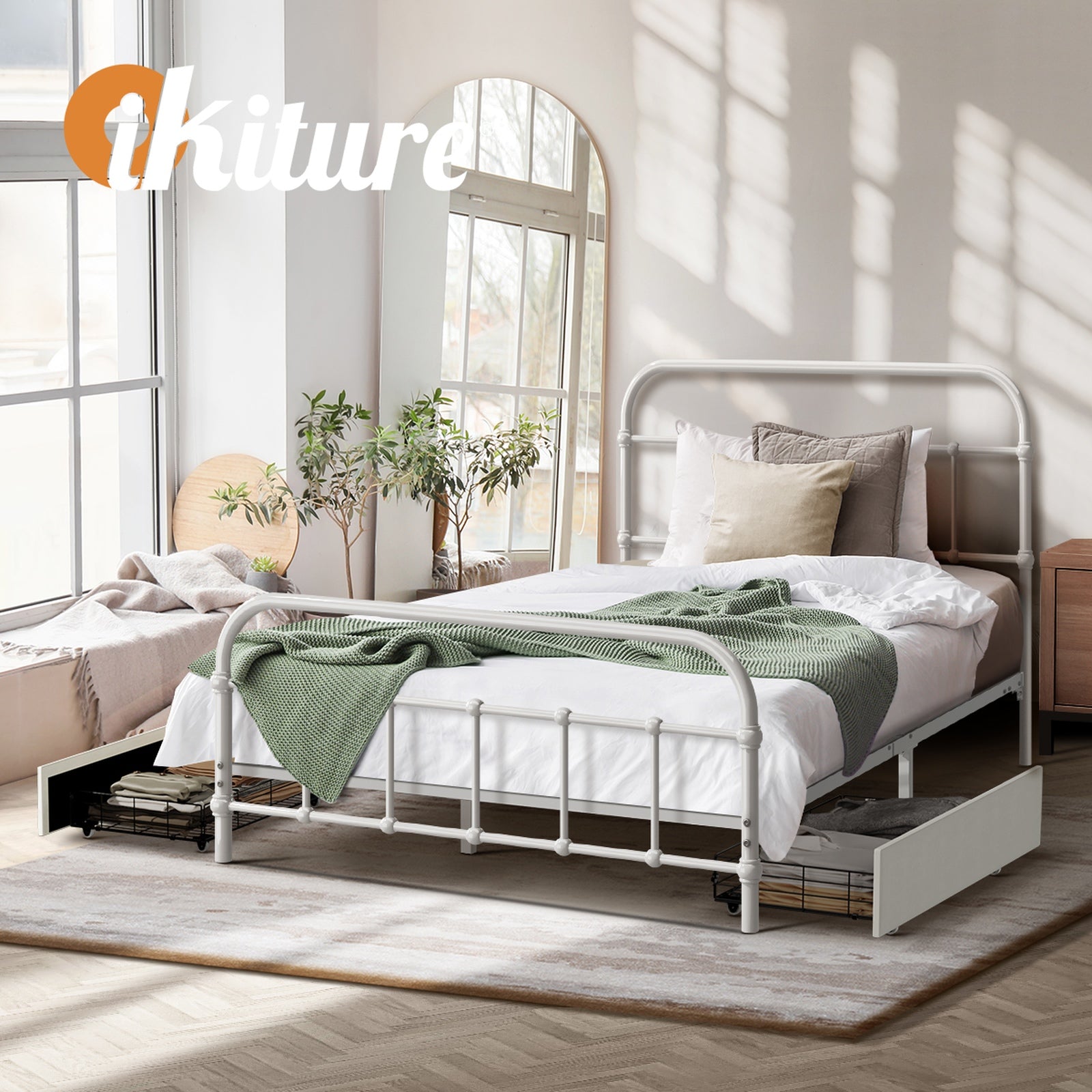 Oikiture Metal Bed Frame King Single Size Bed Base with 2 Drawers White - Sunyee