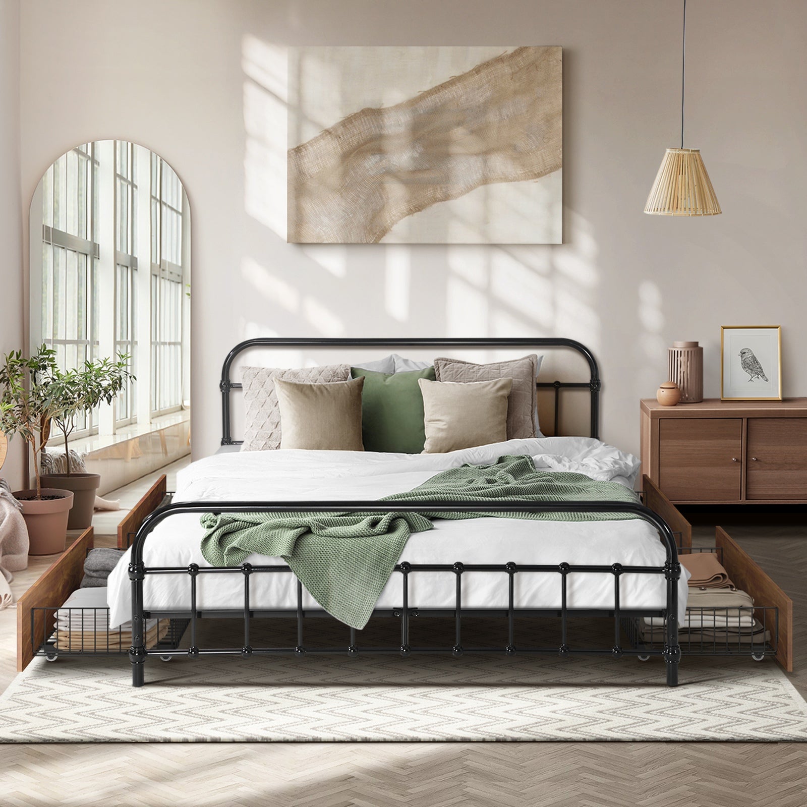 Oikiture Metal Bed Frame Queen Size Bed Base with 4 Drawers Black