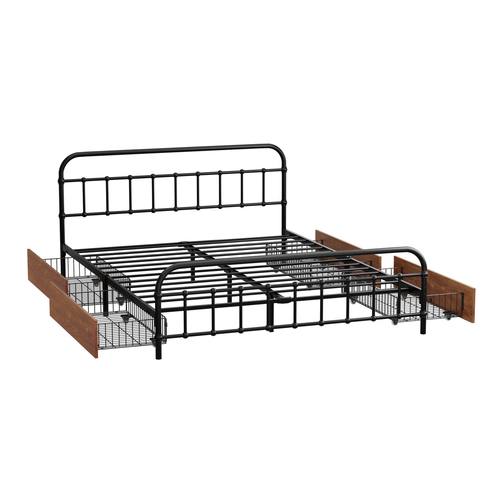 Oikiture Metal Bed Frame Queen Size Bed Base with 4 Drawers Black