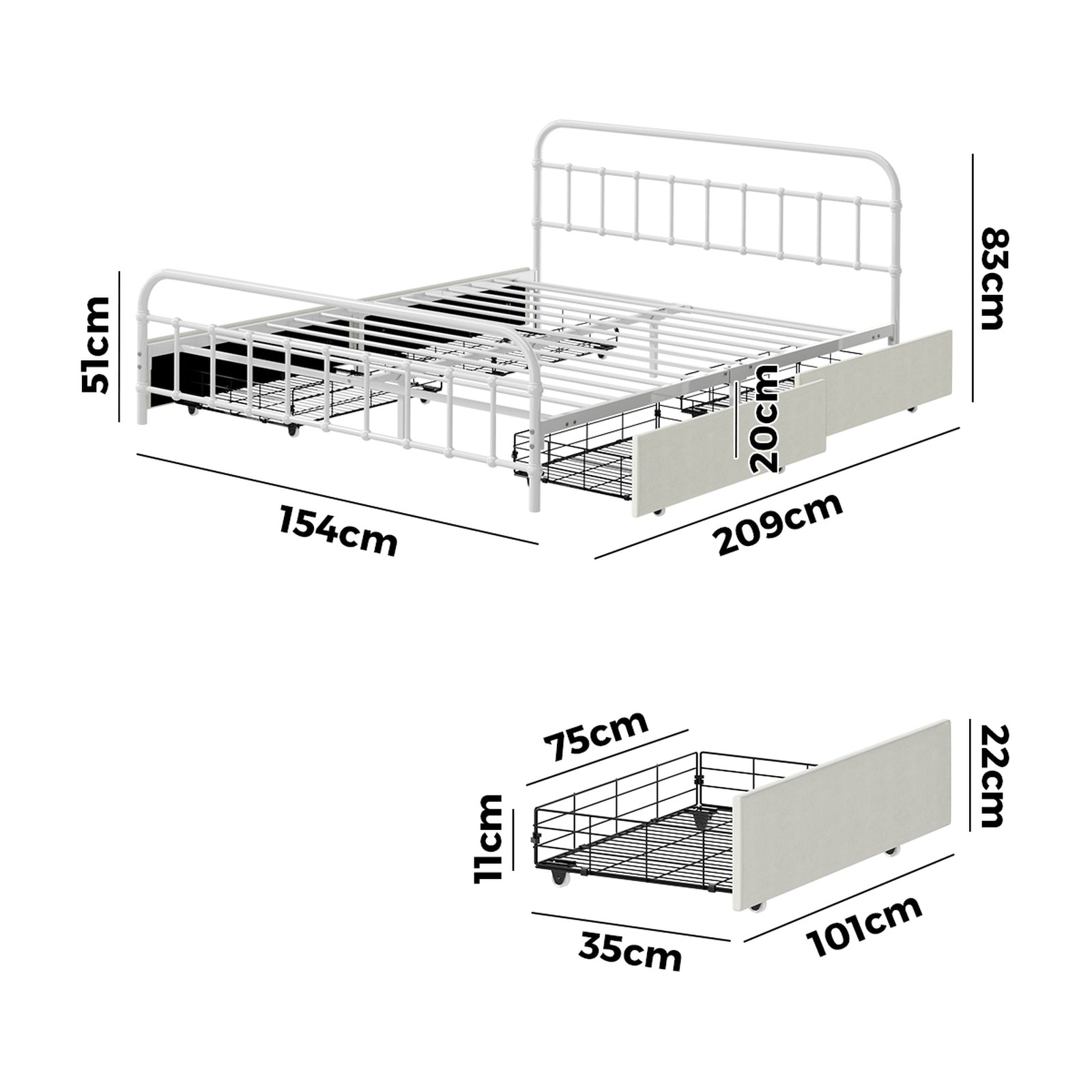 Oikiture Metal Bed Frame Queen Size Bed Base with 4 Drawers White - Sunyee