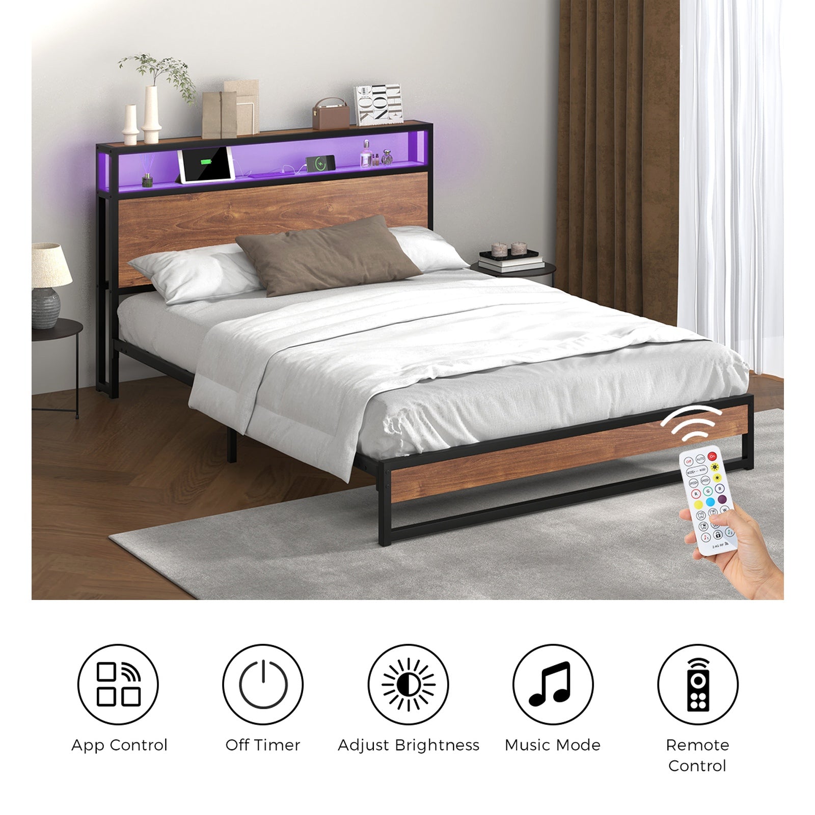 Oikiture Metal Bed Frame Queen Size LED Light Storage Headboard USB Charge