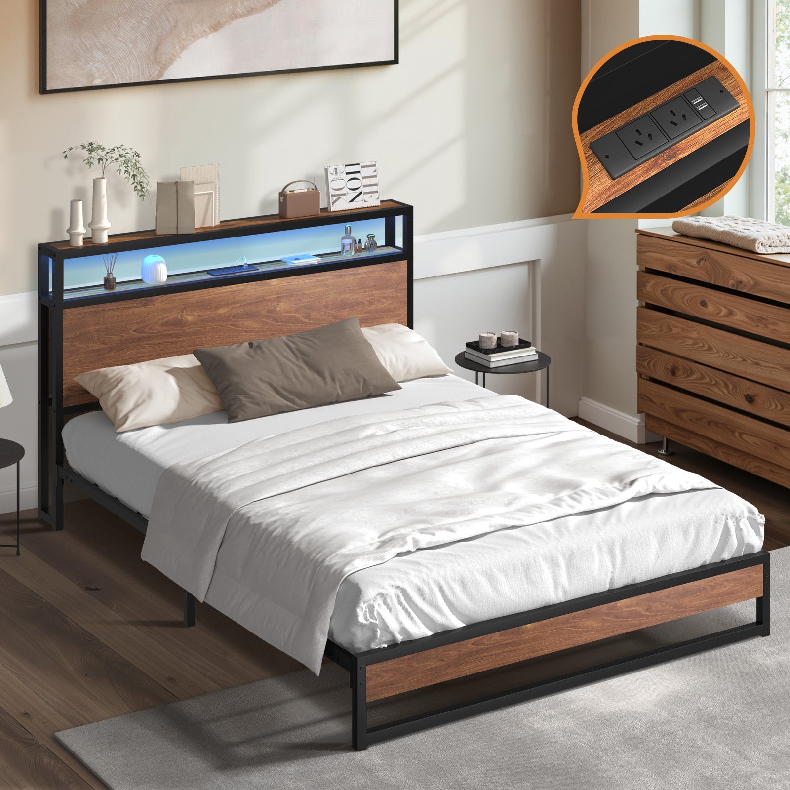 Oikiture Metal Bed Frame Queen Size LED Light Storage Headboard USB Charge