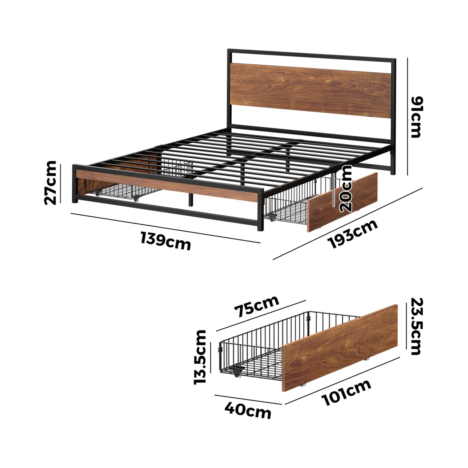 Oikiture Metal Bed Frame Double Size Beds Base Platform with 2 Drawers Black