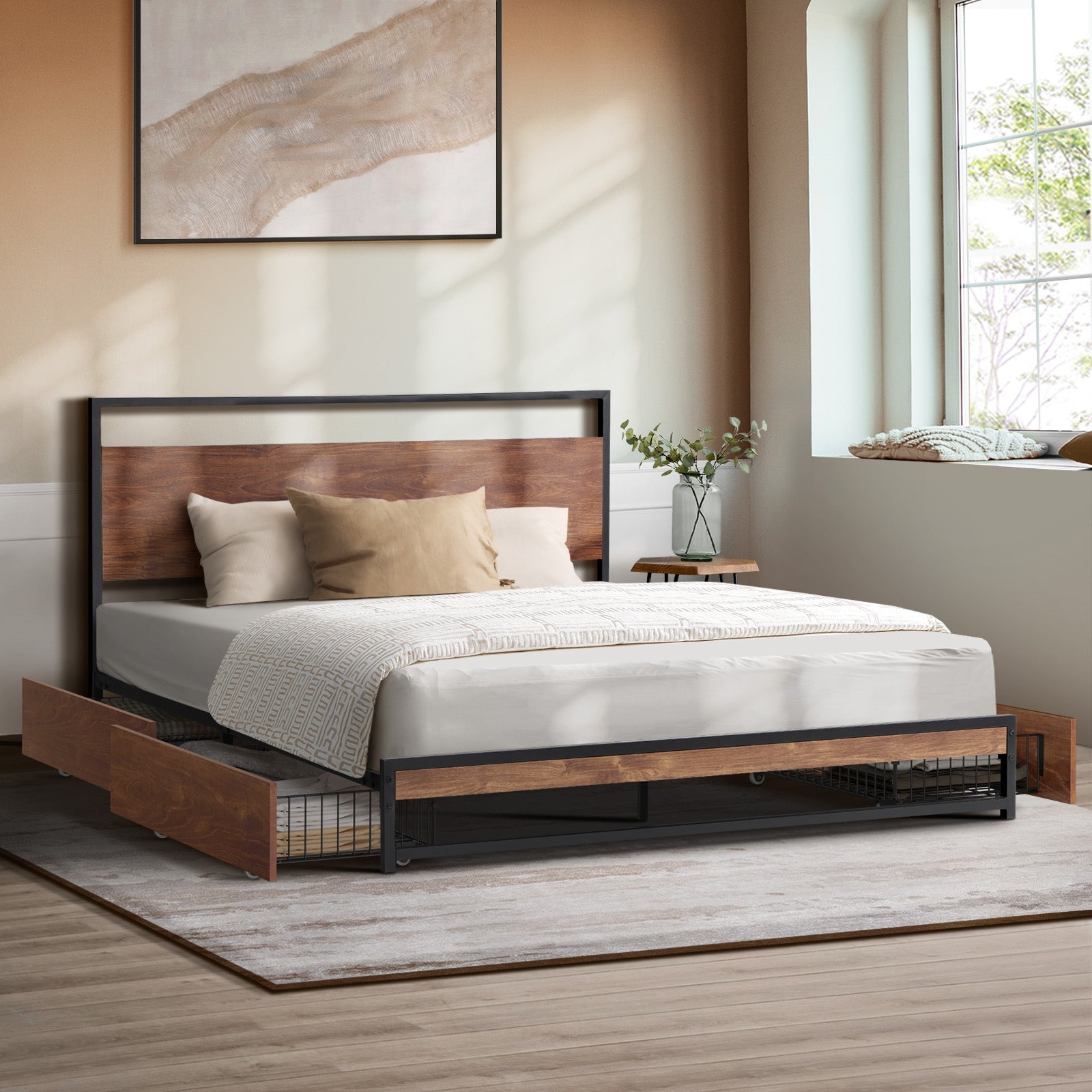 Oikiture Metal Bed Frame King Size Beds Base Platform with 4 Drawers Black - Sunyee