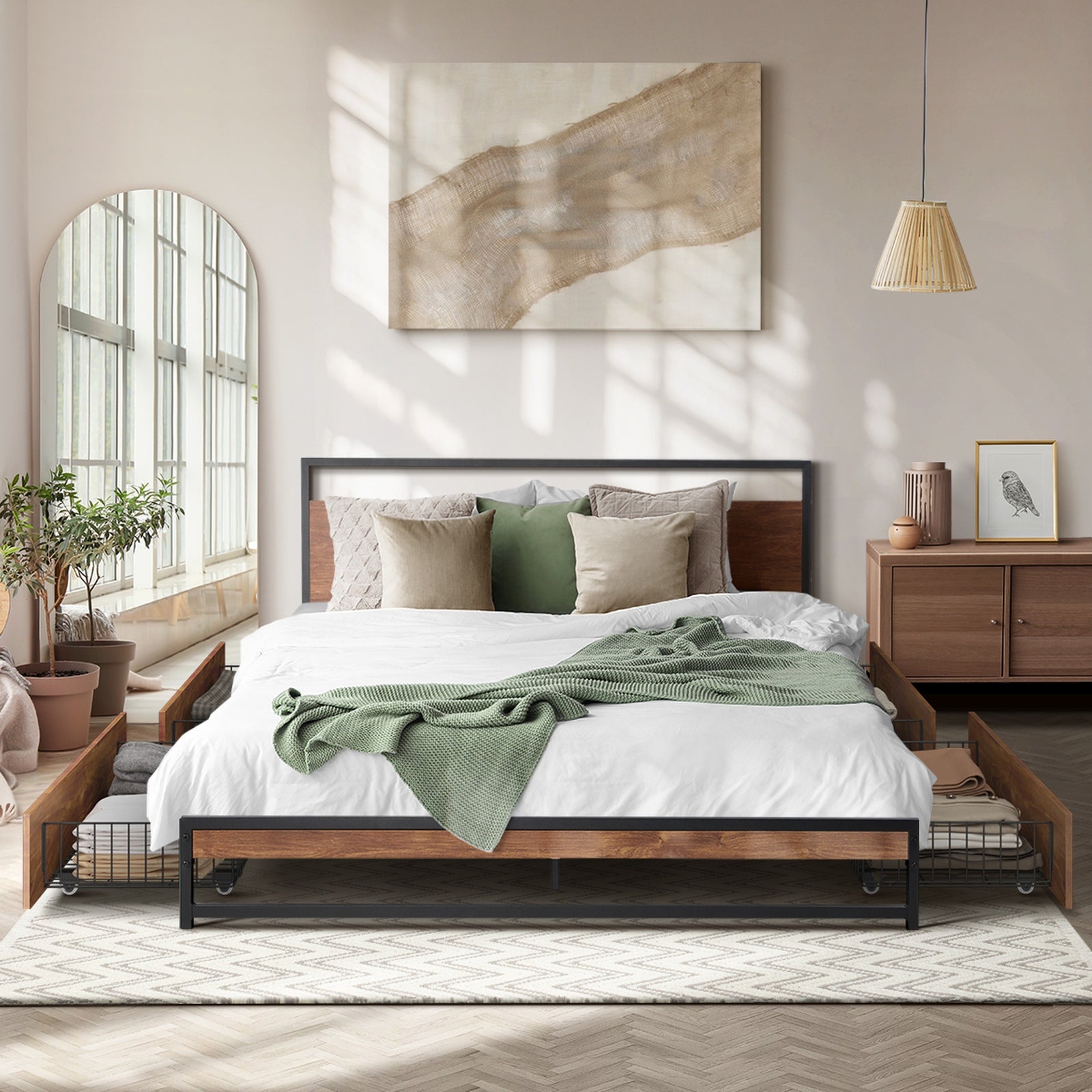 Oikiture Metal Bed Frame King Size Beds Base Platform with 4 Drawers Black - Sunyee