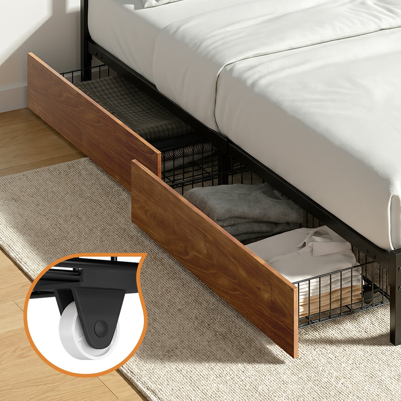 Oikiture Metal Bed Frame King Size Beds Base Platform with 4 Drawers Black - Sunyee