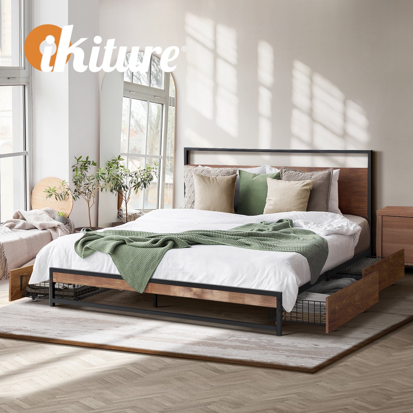 Oikiture Metal Bed Frame King Size Beds Base Platform with 4 Drawers Black - Sunyee