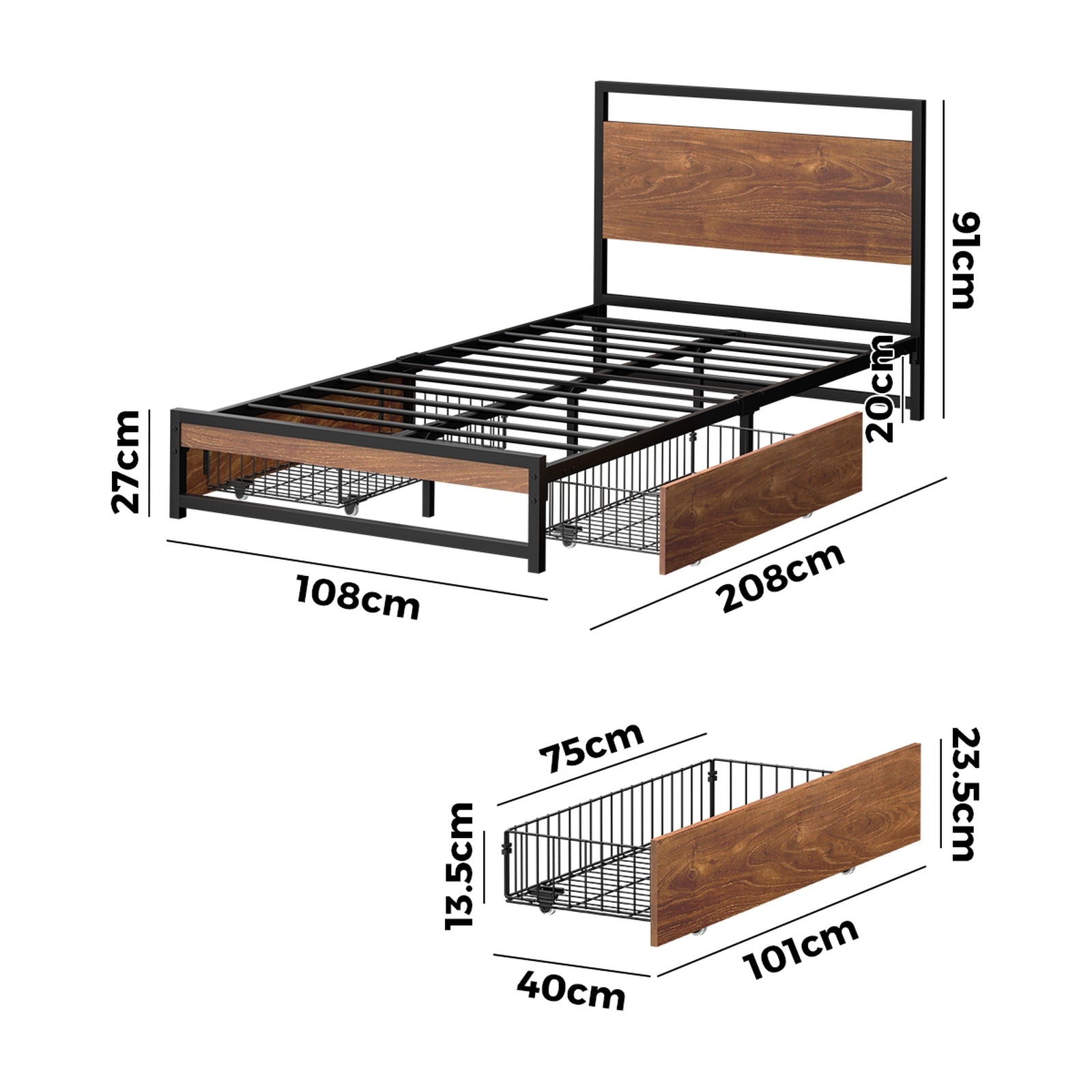 Oikiture Metal Bed Frame King Single Beds Base Platform with 2 Drawers Black - Sunyee