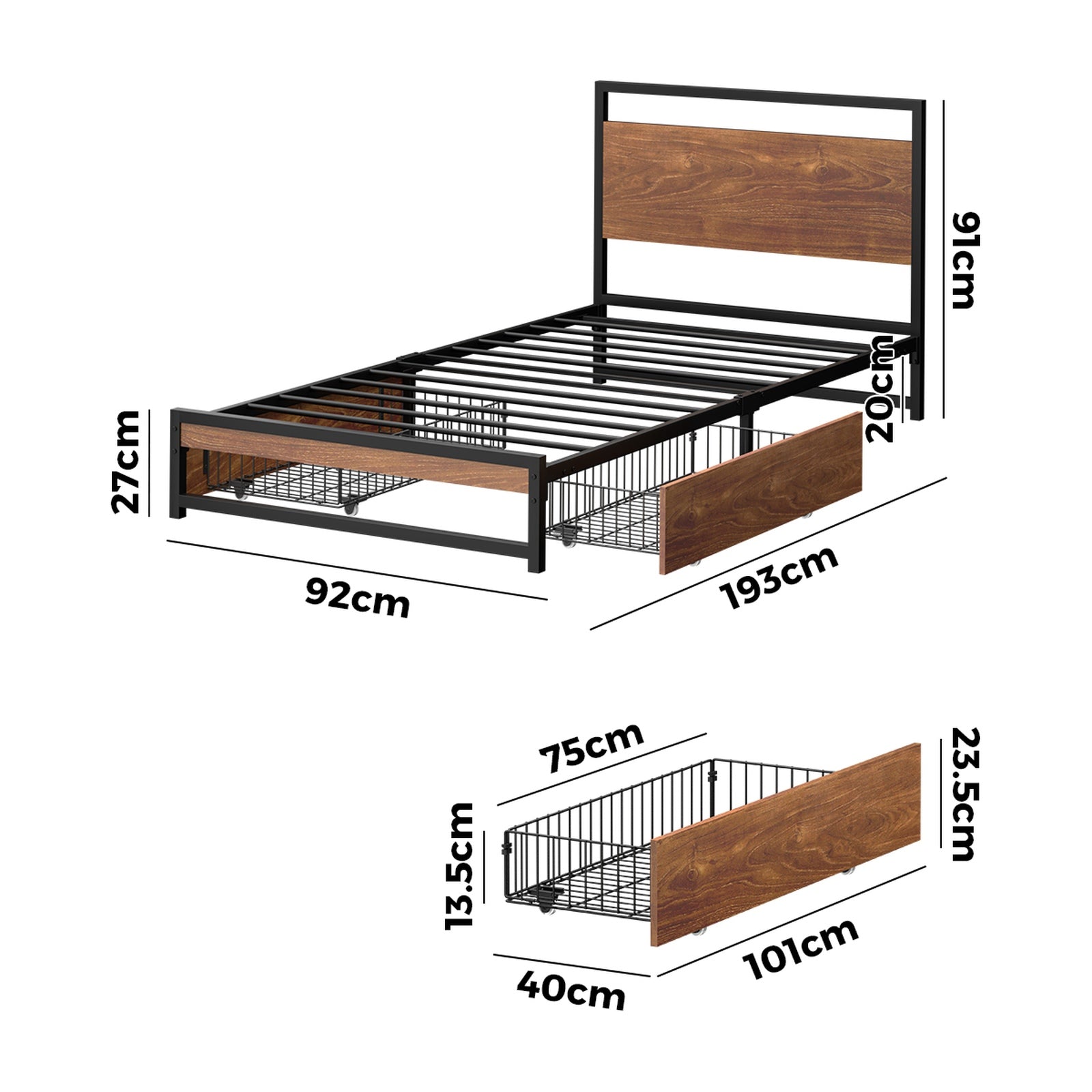 Oikiture Metal Bed Frame Single Size Beds Base Platform with 2 Drawers Black - Sunyee