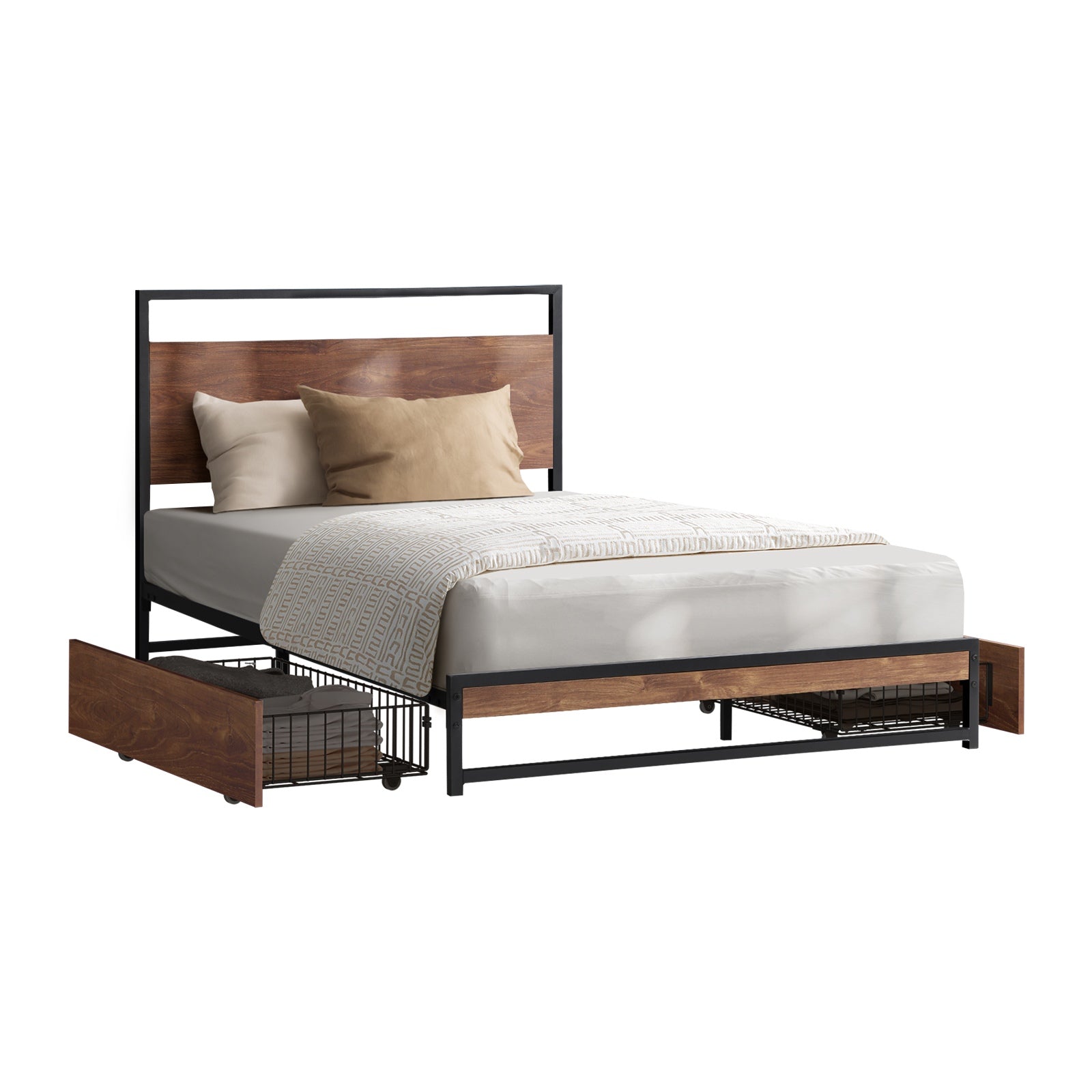 Oikiture Metal Bed Frame Single Size Beds Base Platform with 2 Drawers Black - Sunyee