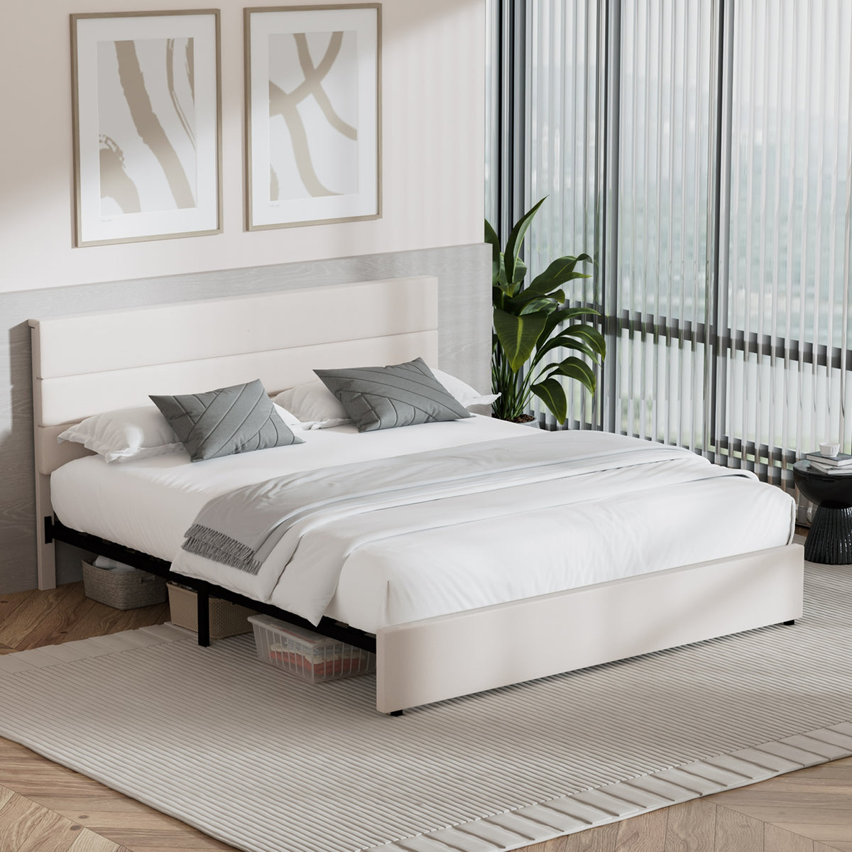 Oikiture Bed Frame King Size Platform Beds with Upholstered Headboard Beige