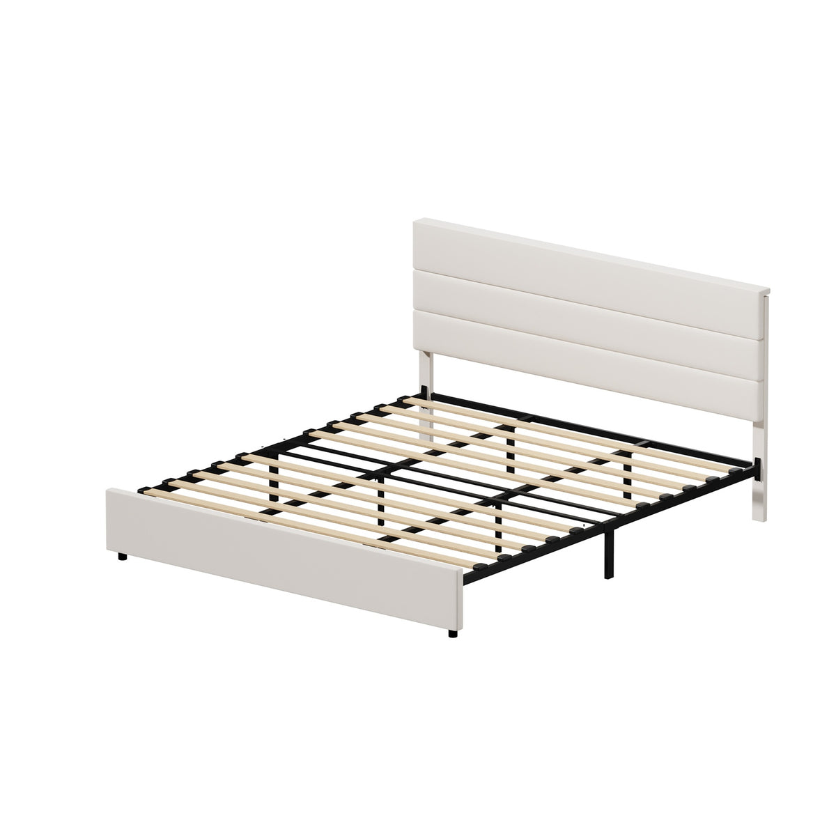 Oikiture Bed Frame King Size Platform Beds with Upholstered Headboard Beige