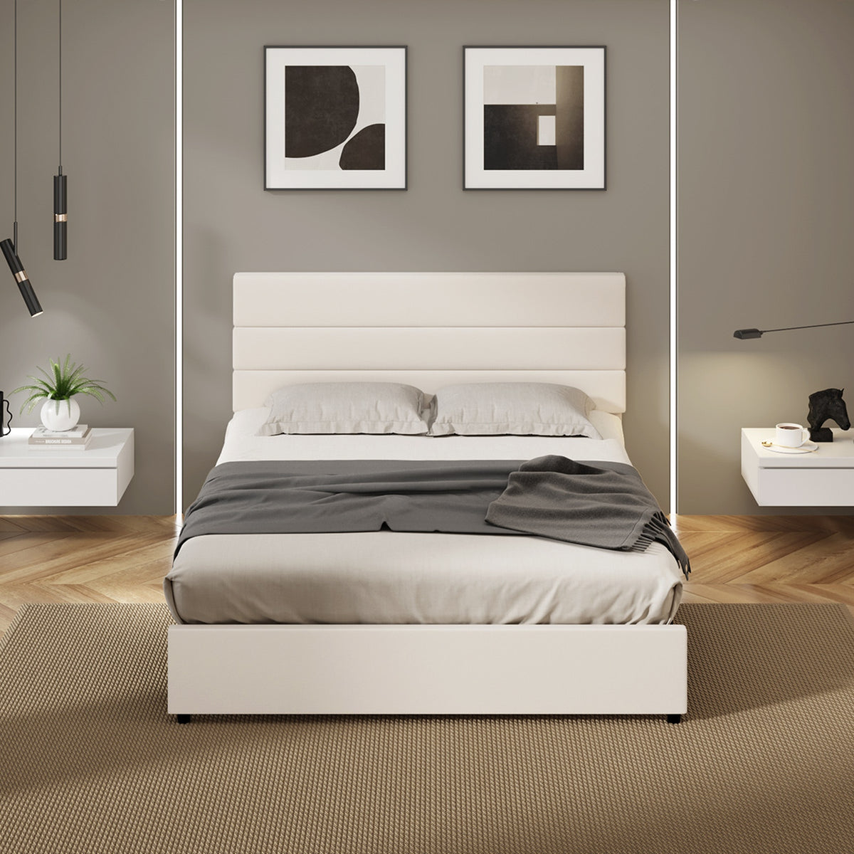 Oikiture Bed Frame Queen Size Platform Beds with Upholstered Headboard Beige