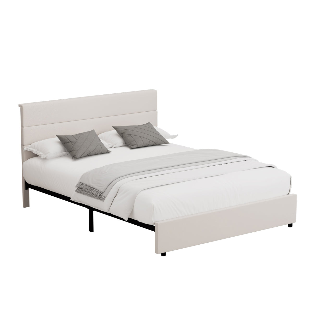 Oikiture Bed Frame Queen Size Platform Beds with Upholstered Headboard Beige