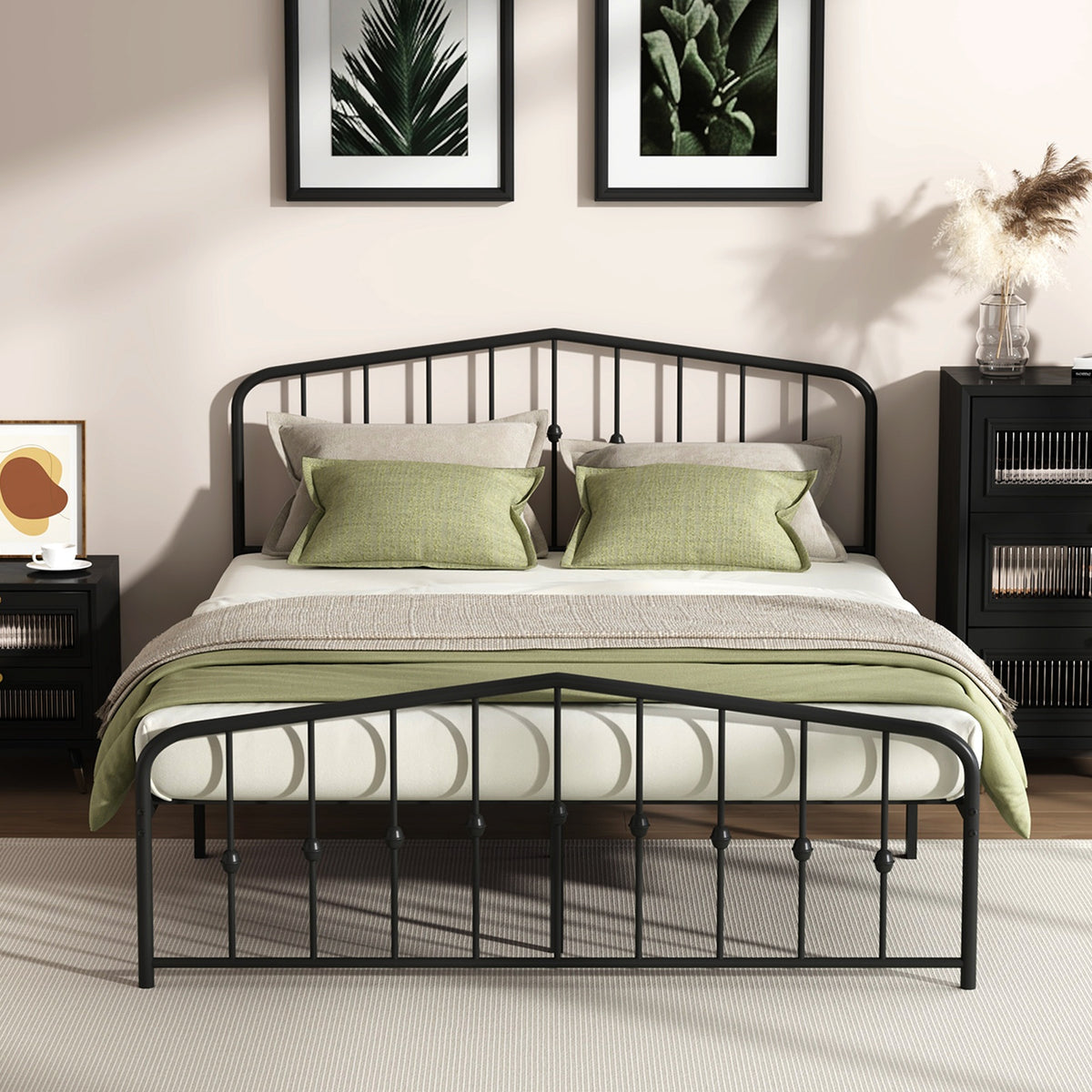 Oikiture Double Metal Bed Frame with Headboard Footboard Platform Bed Base Black